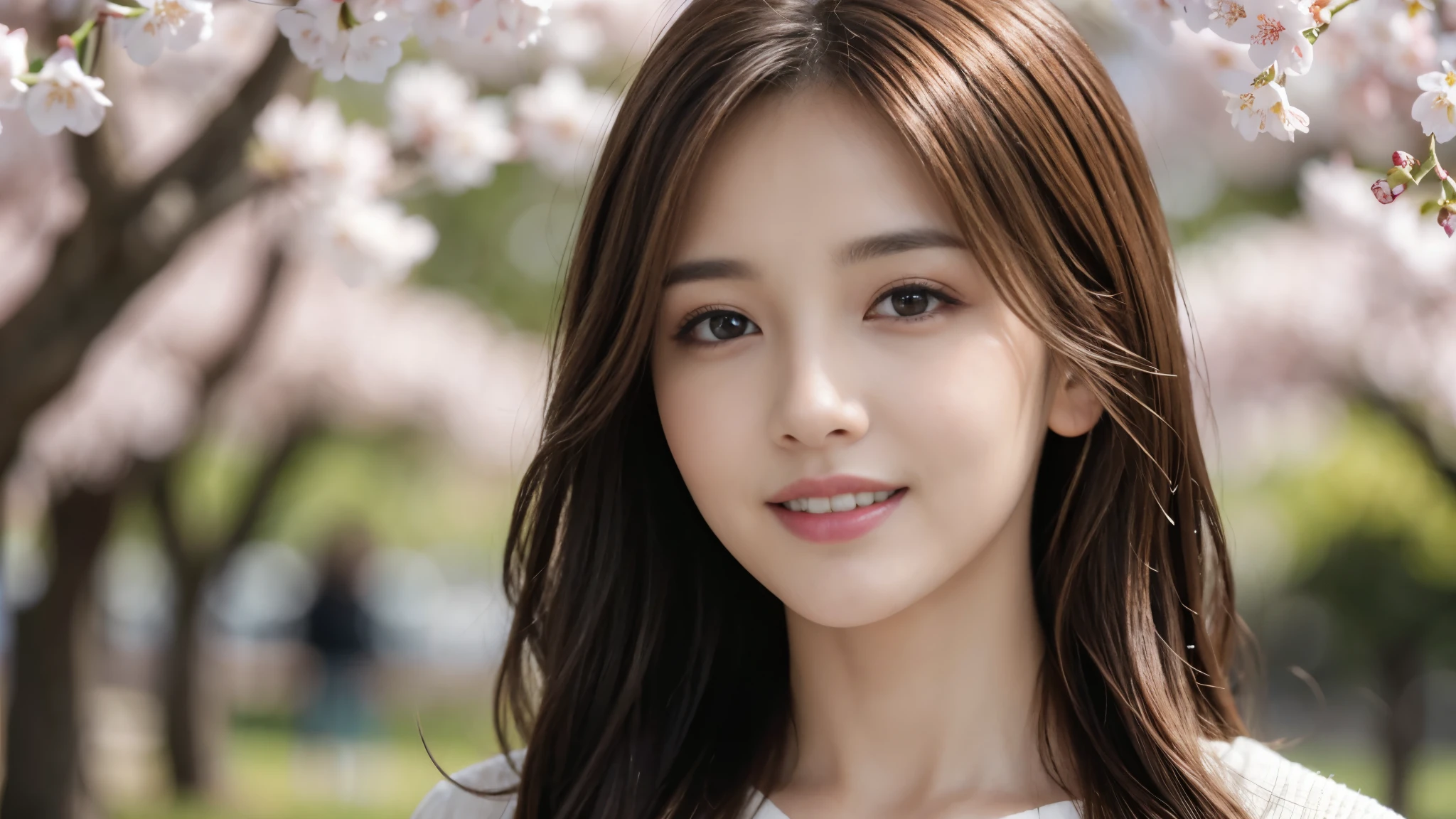 Ultra high-definition images,1girl in, Maroon hair, The eyes are maroon,cleavage, Closed mouth, Detailed face,Long hair, Looking at Viewer,Beautiful makeup, 美Lips, Pink scarf, Portrait, Eye detail and realism, Lips, Smile, Solo, Upper body, watermarked, The red dress stands out,Night city bright boulevard background,