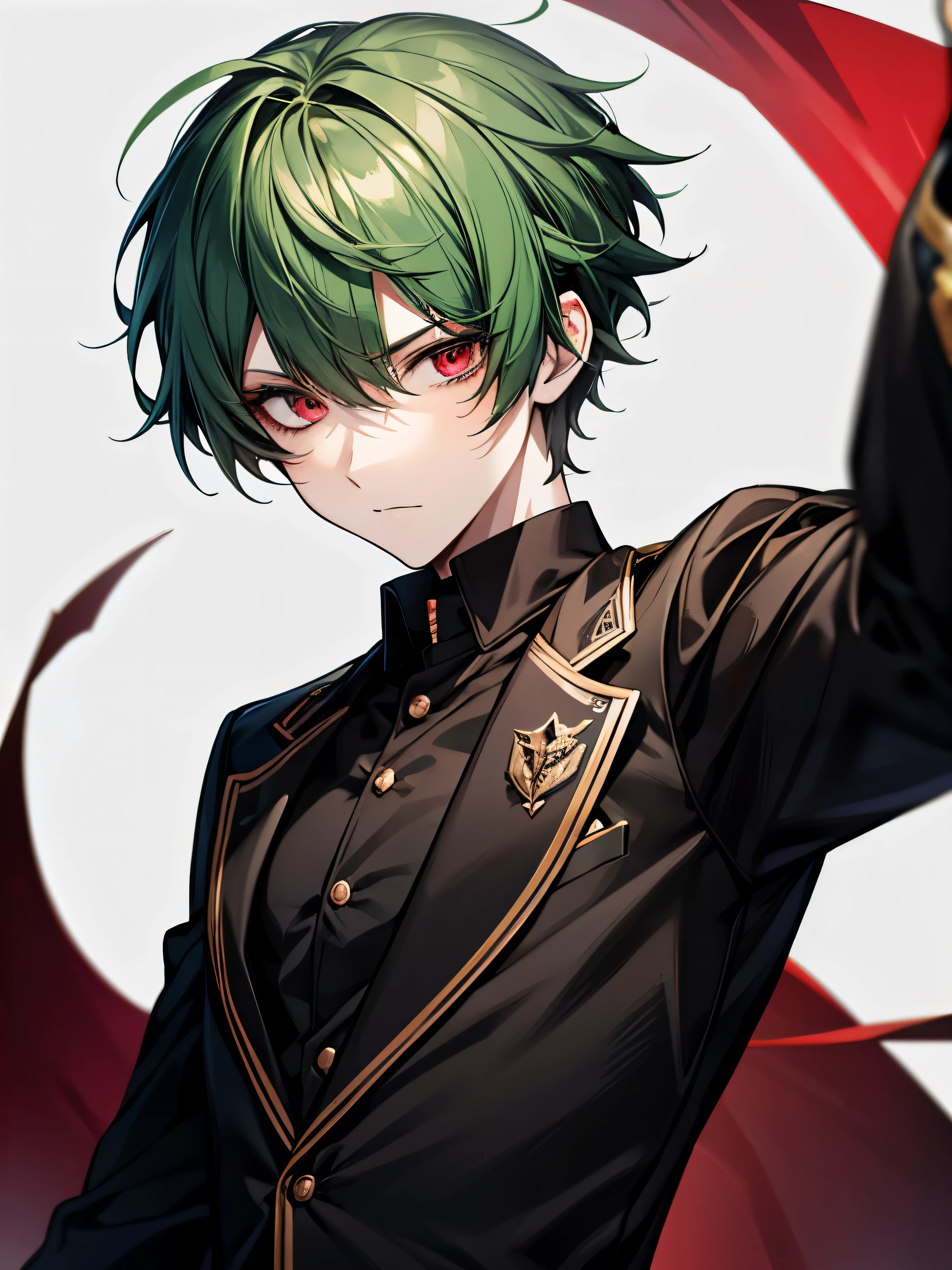 green hair, red eyes, mysterious, black academy uniform, cool, male, white background, short hair, closeup