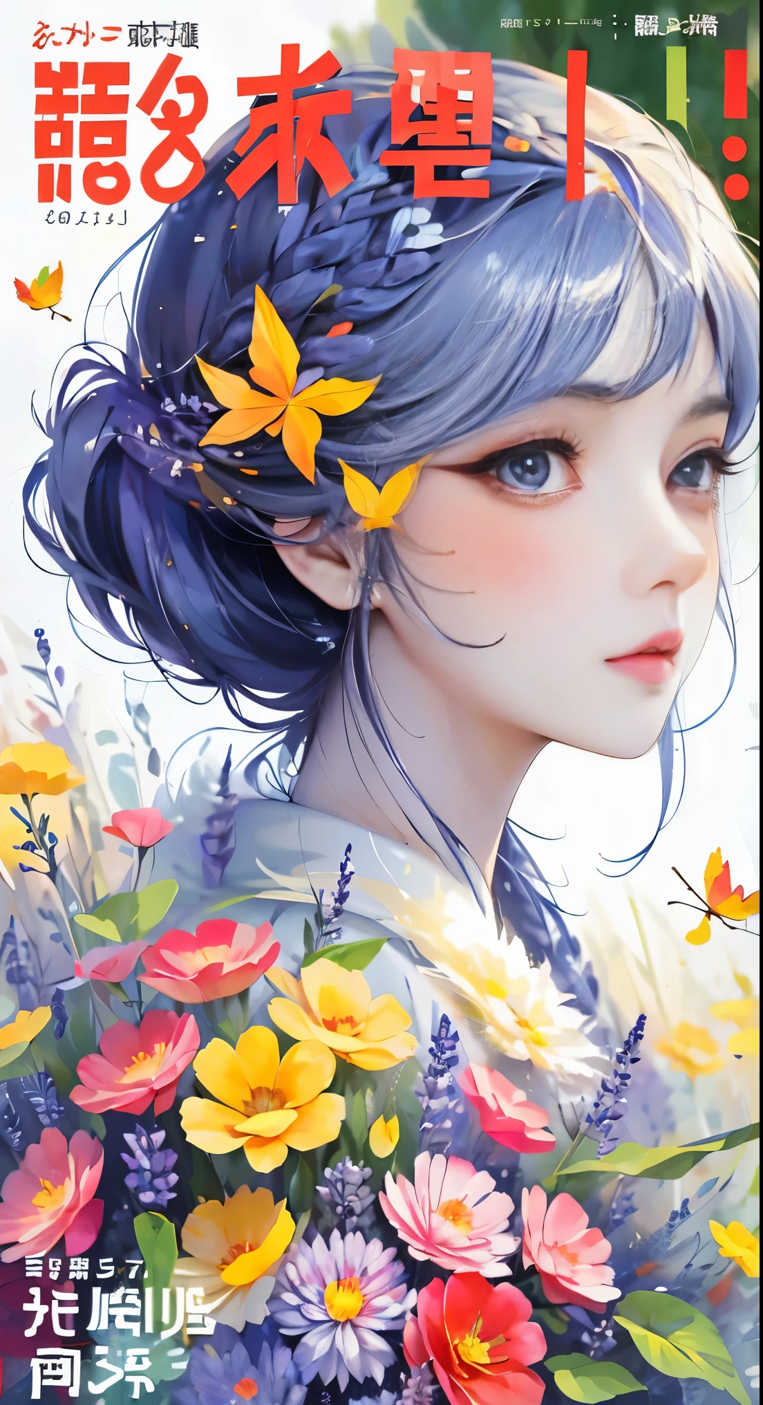 masterpiece，need，autumn，text，text框，colored hair，fresh，magazine cover，spring theme，complex cover