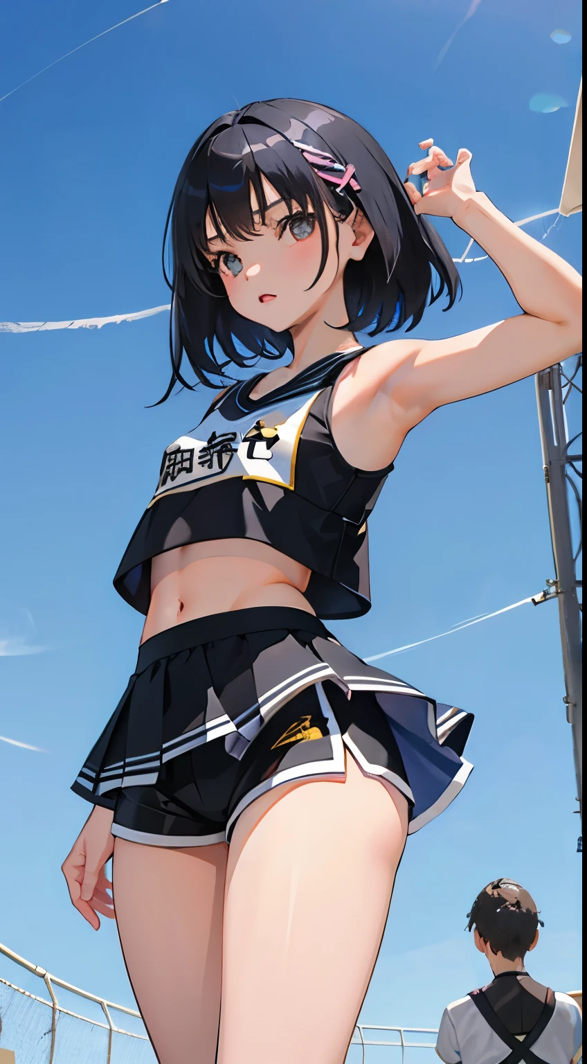 (short cute girl，small young student，young delicate girl）,（masterpiece，Top quality)，Crop Top Look，cheerleader，shorts，long black hair
