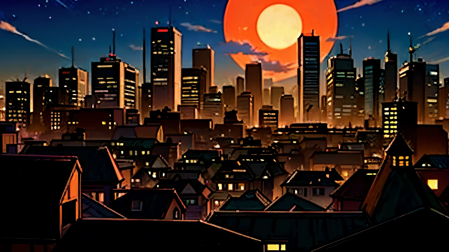 Photo taken from the rooftop of the city at sunset, cityscape, city sunset, beautiful city scape, watching the sunset.  landscape wallpaper, anime style cityscape, beautiful anime scenery, background city, city background, beautiful city, anime background art, view of the city at dusk, glittering city in the distance