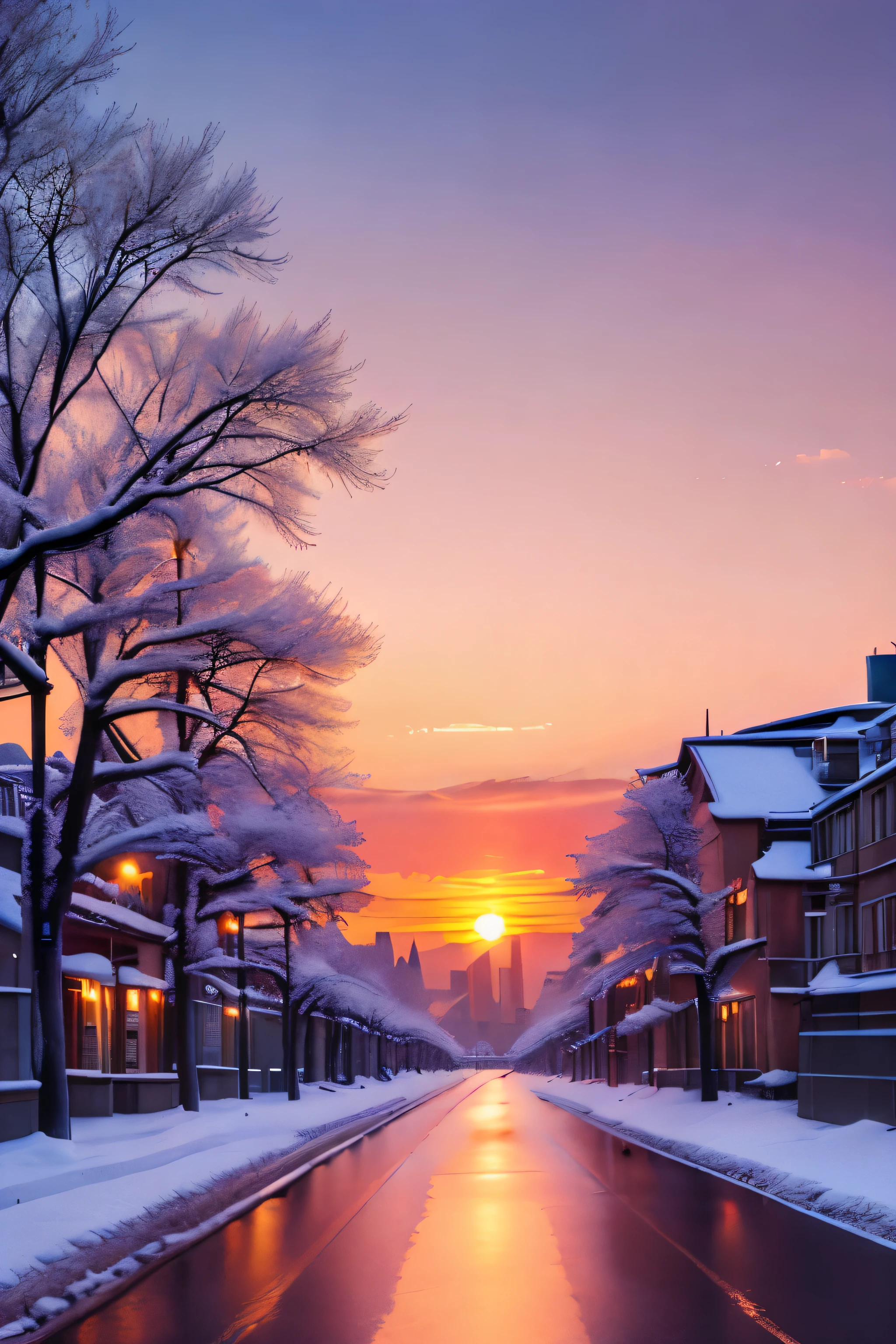 (best quality,4K,8k,high resolution,masterpiece:1.2),super detailed,(actual,photoactual,photo-actual:1.37),The last sunset before departure,winter sky at sunset,pastel colors,pink orange,blue,mist,rows of trees and buildings,peaceful atmosphere,Peaceful winter landscape,subtle tones,fading sunshine,prime time,quiet street,breeze,warm kiss,City silhouette,Cold branches,elegant architecture,longing mood,majestic skyline,Little snowflakes dance gently,say goodbye for the last time.