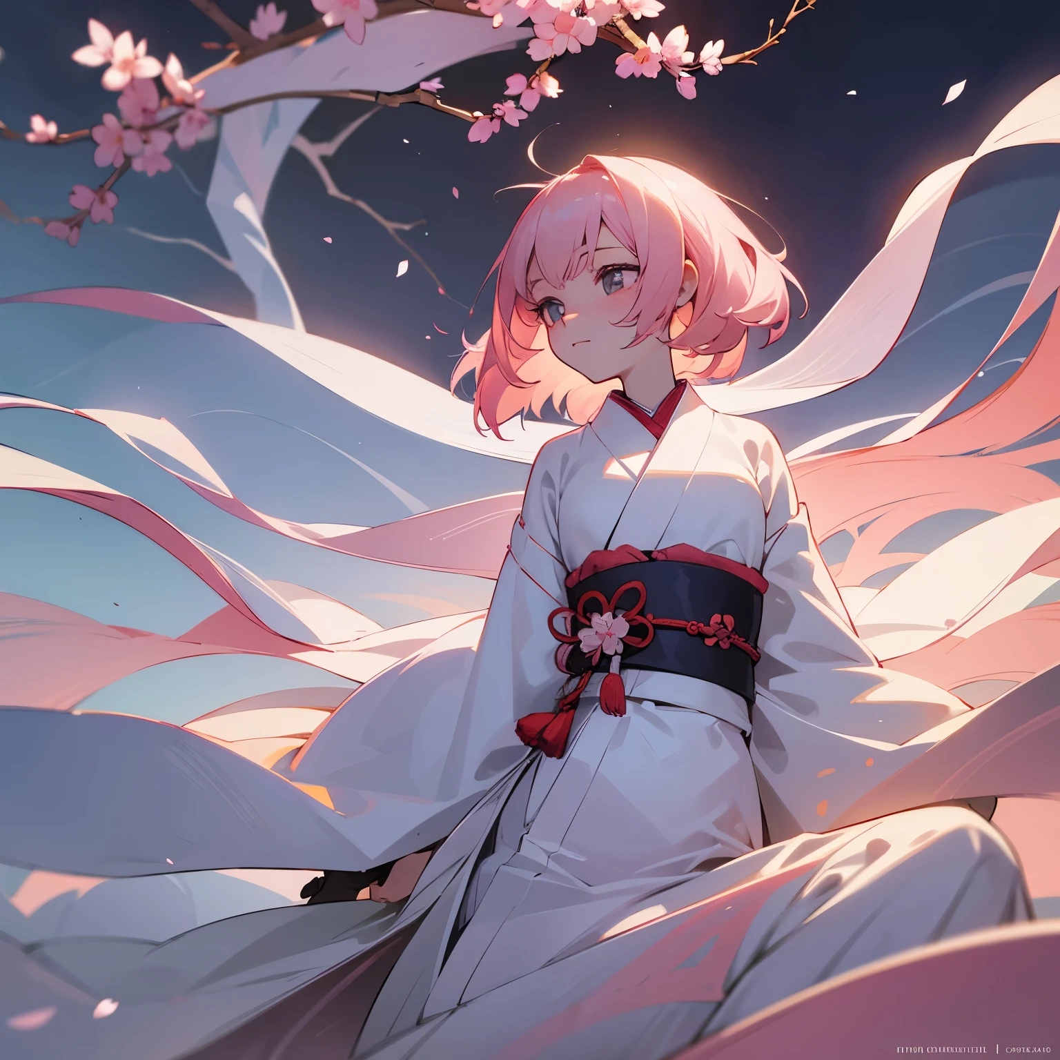 surrealism, very detailed, And high-resolution 16K images of young people, Beautiful female ghost or guardian deity. She has light pink hair and translucent skin, And she wears a traditional Japanese kimono with a small cherry blossom design on the sash. The images capture the subtle beauty and mystery of the spirit world. The style is inspired by delicacy, A gentle aesthetic that can be found in traditional Japanese art. Nude models, She spreads her legs