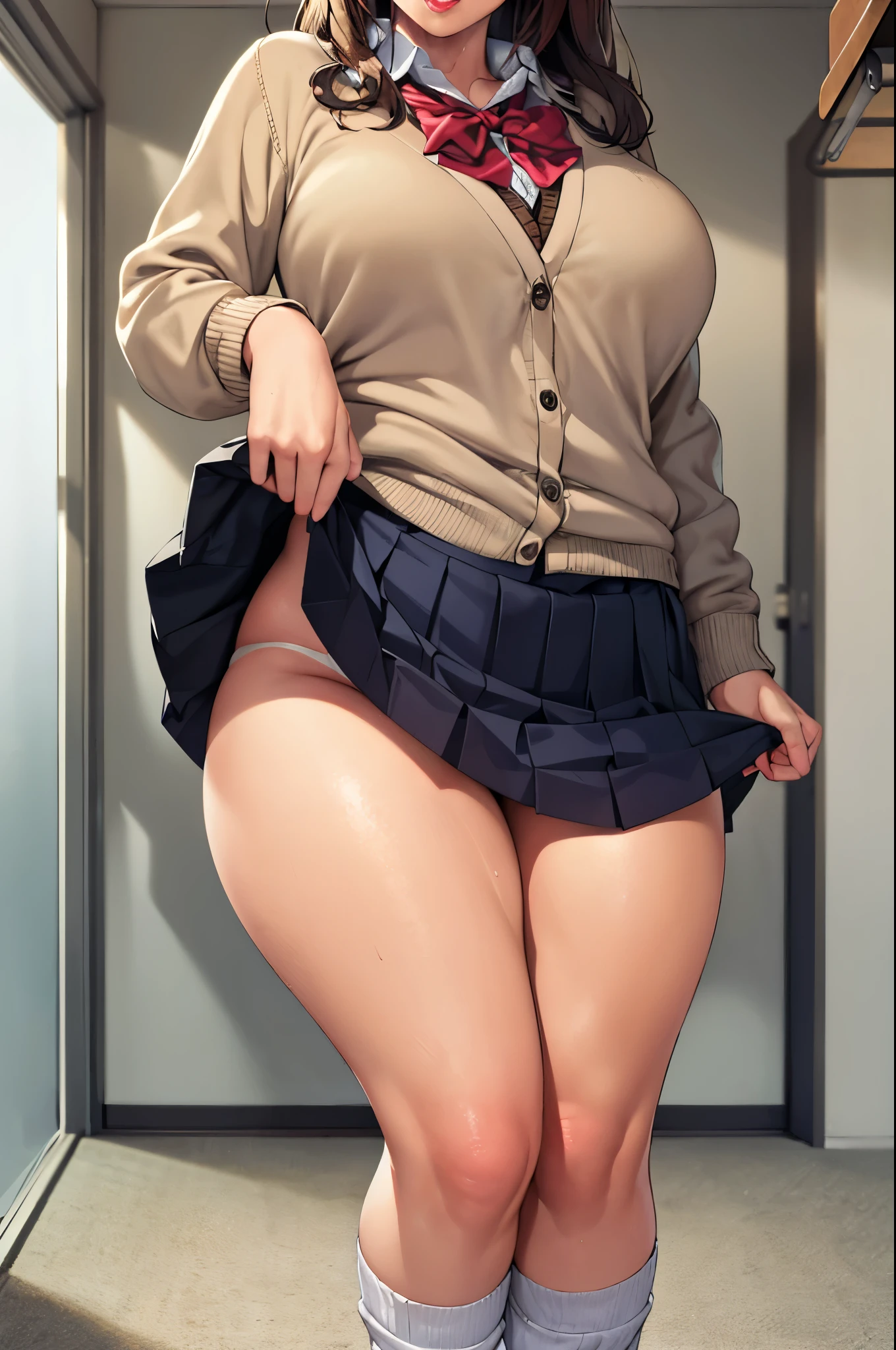 seductive anime girl, [ 4 k digital art ]!!,ultra realistic picture, overdetailed art, 8k high quality detailed art,curvy tanned gyaru,(tareme,thick lips:1.2),dress shirt,cardigan,school uniform,sidetail,pleated skirt,brown loafers,brown wavy hair,(tanned skin:1.3),dark skin,loose socks,sweaty,close up,standing,in classroom,(aroused:1.2),