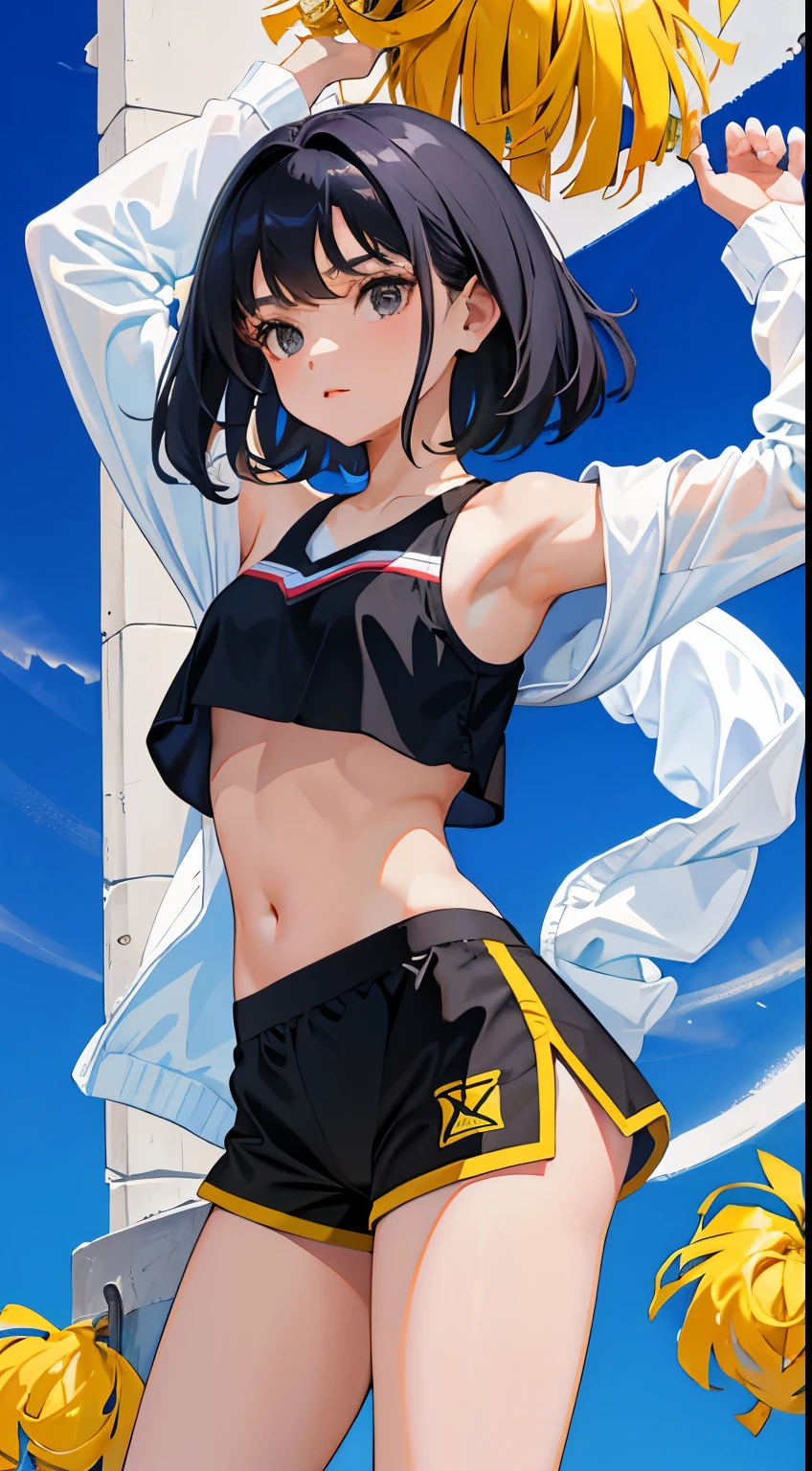 (short cute girl,small young student,young delicate girl),(masterpiece,Top quality),Crop Top Look,cheerleader,shorts,long black hair