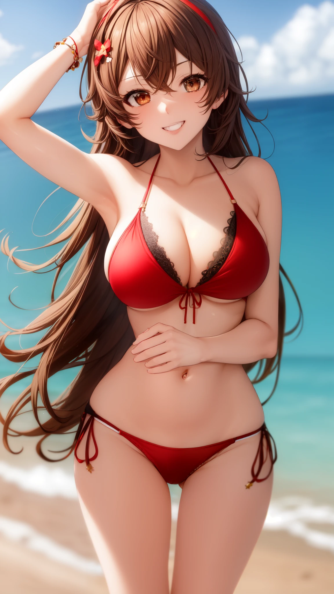 anime, beautiful face, highly detailed face, (2 accurate legs:1), brown detailed eyes, highly detailed beach background, perfect lighting, best body lighting, 1girl, solo, amber, genshin impact, outdoors, (beautiful brown hair:1.2), (beautiful red hair ribbon:1.0), absurdres, high res, ultrasharp, 8K, masterpiece, looking at viewer, excited happy smile, BREAK (detailed sexy beach bikini:1.3), (intricate all lace:1.2), 