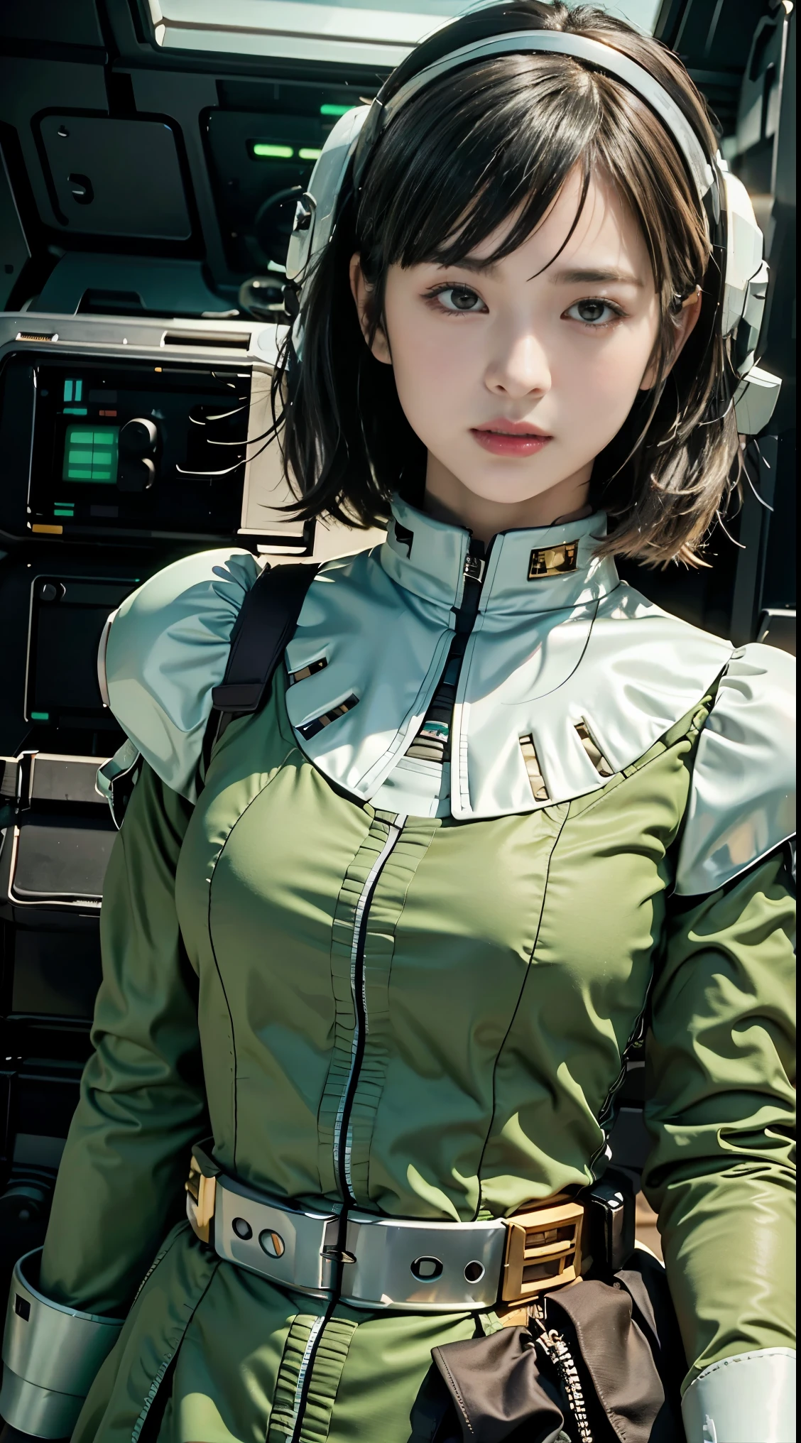 Highest image quality, outstanding details, ultra-high resolution, (realism: 1.4), the best illustration, favor details, highly condensed 1girl, with a delicate and beautiful face, dressed in a black and green mecha, wearing a mecha helmet, holding a directional controller, riding on a motorcycle, the background is a high-tech lighting scene of the future city.