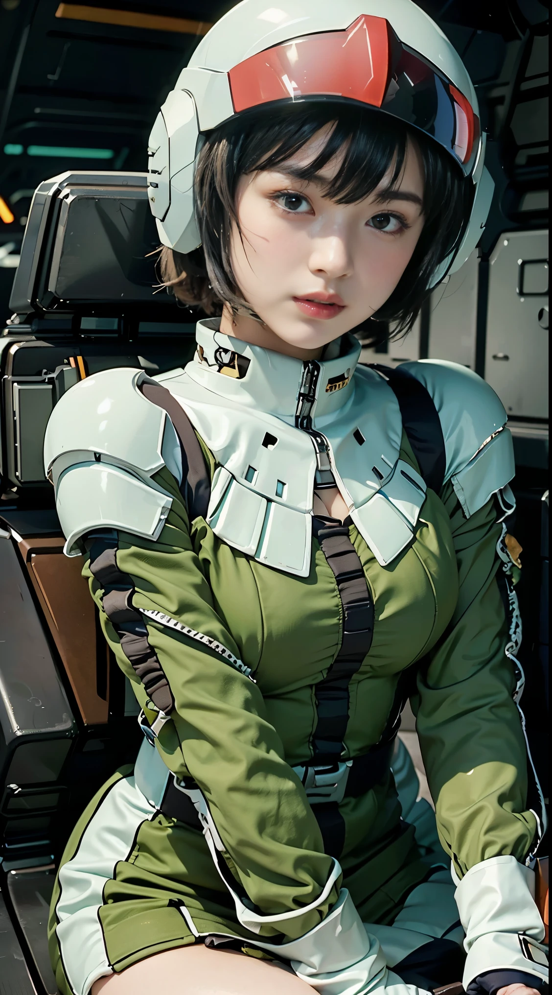 Highest image quality, outstanding details, ultra-high resolution, (realism: 1.4), the best illustration, favor details, highly condensed 1girl, with a delicate and beautiful face, dressed in a black and green mecha, wearing a mecha helmet, holding a directional controller, riding on a motorcycle, the background is a high-tech lighting scene of the future city.