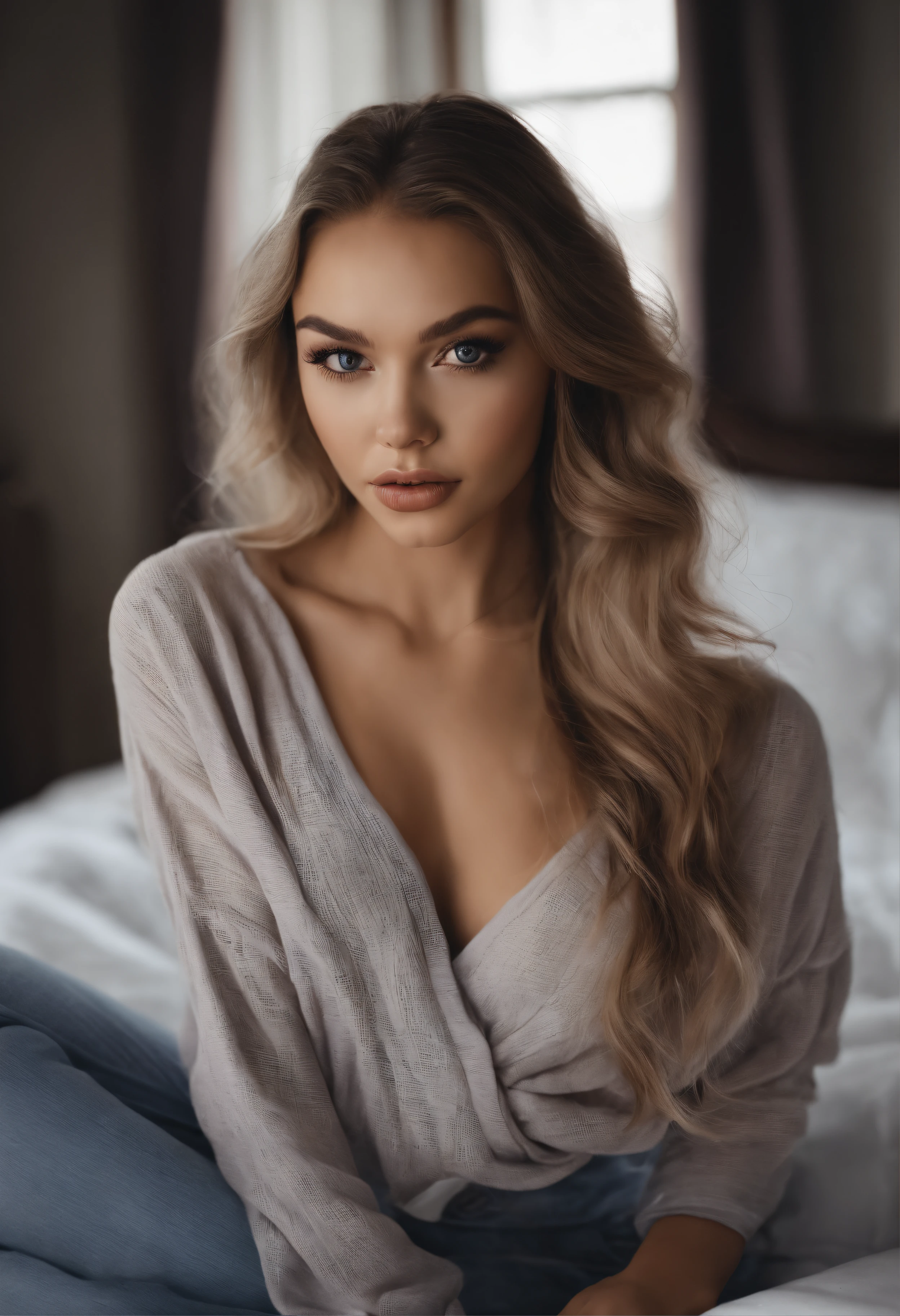 Arafed Mulher Totalmente , garota sexy com olhos azuis, Ultra realista, meticulosamente detalhado, Retrato de Sophie Mudd, cabelo loiro e olhos grandes, selfie de uma jovem, Olhos do quarto, Violeta Myers, sem maquiagem, maquiagem natural, Look directly into the camera, Cara com Artgram, Maquiagem sutil, Grande foto de todo o corpo ajoelhado na cama, No quarto, Medium to Large Body Bust