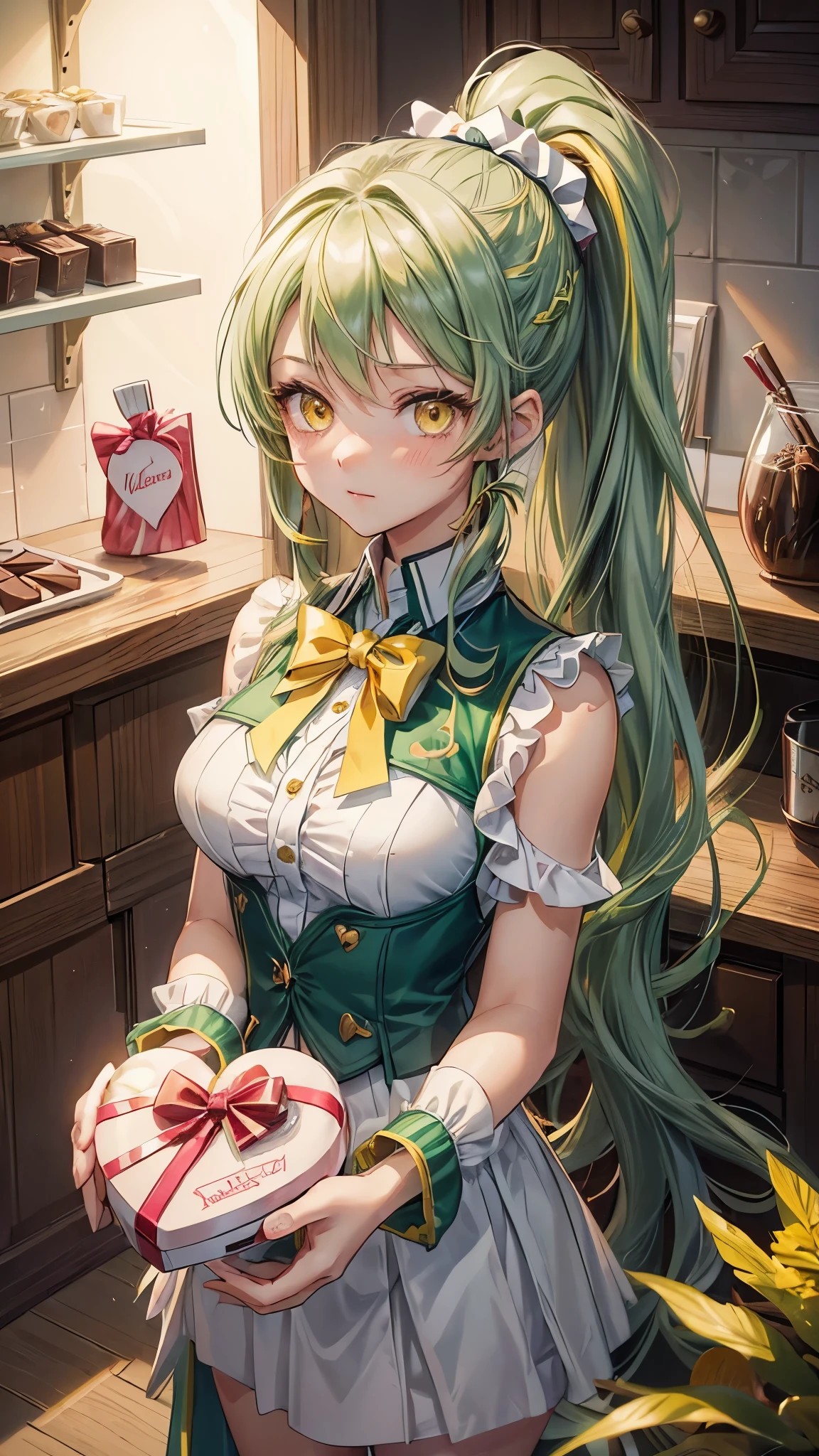 ((holding gift valentine chocolate)), frontal (solo ponytail green hair long hair cute girl, 14 yo, cute yellow eyes, blushing), in a casual suit, show the valentine chocolates, love to, perfect anatomy, break, masterpiece:1.2, best quality, 8k, beautiful detailed grow, daydreaming expression.