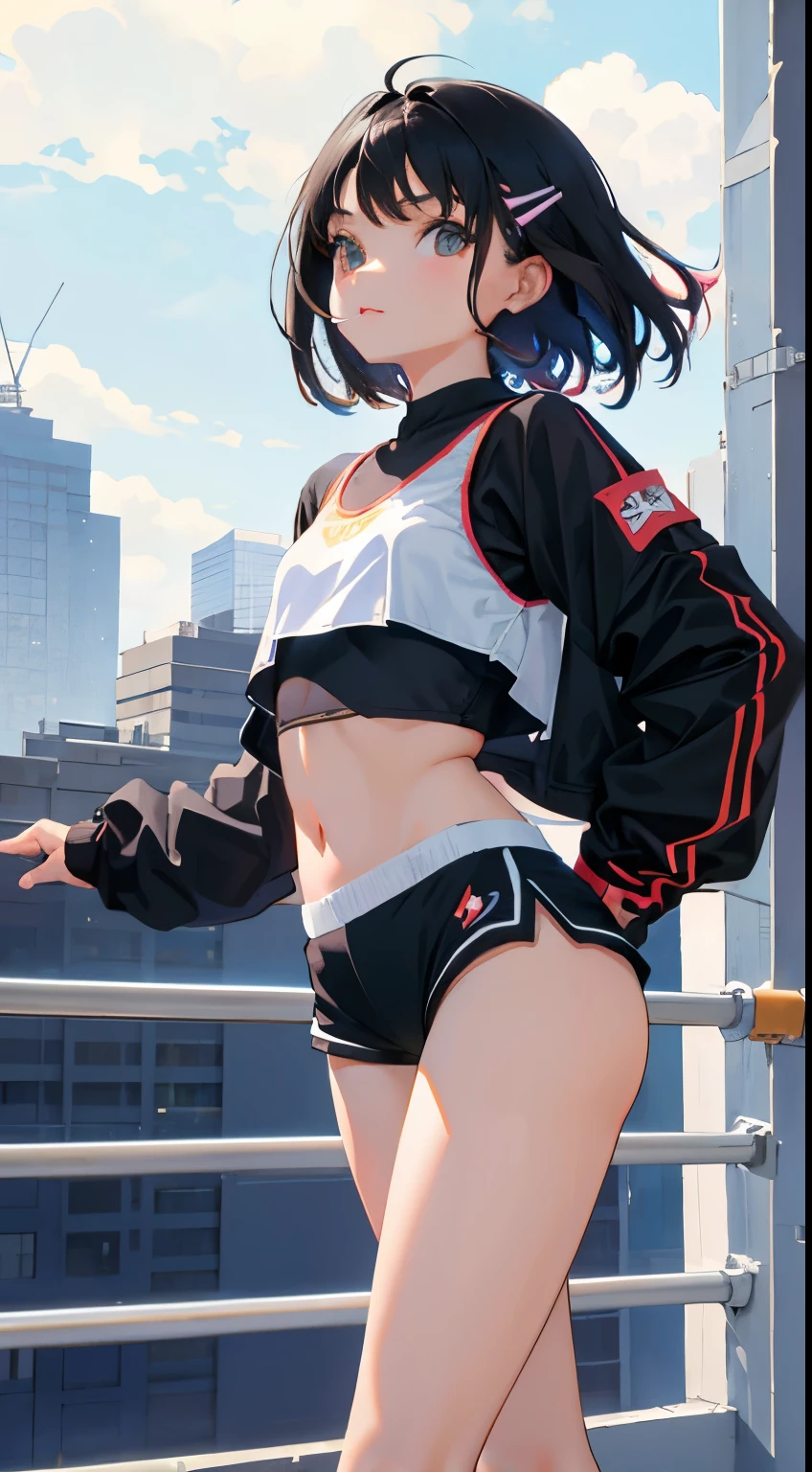 (short cute girl,small young student,young delicate girl),(masterpiece,Top quality),Crop Top Look,cheerleader,shorts,long black hair