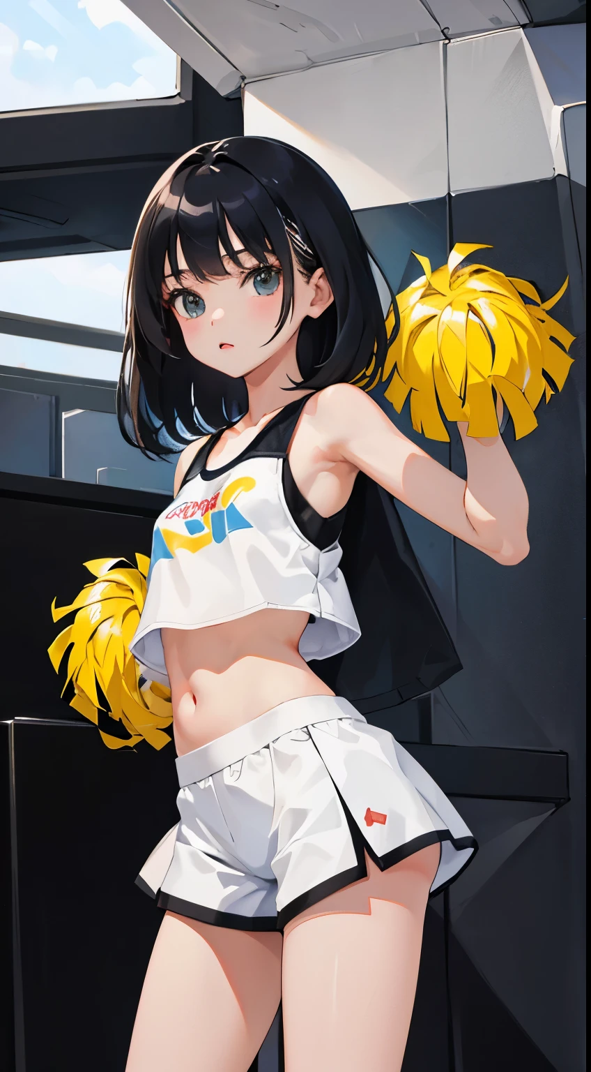(short cute girl,small young student,young delicate girl),(masterpiece,Top quality),Crop Top Look,cheerleader,shorts,long black hair