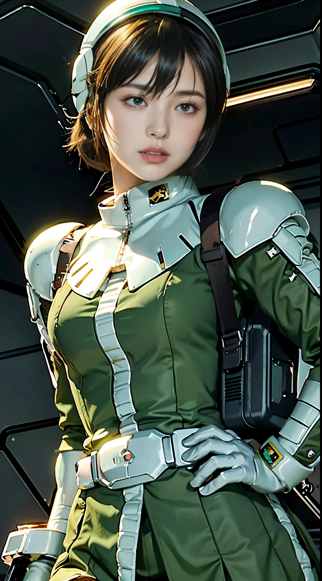 Highest image quality, outstanding details, ultra-high resolution, (realism: 1.4), the best illustration, favor details, highly condensed 1girl, with a delicate and beautiful face, dressed in a black and green mecha, wearing a mecha helmet, holding a directional controller, riding on a motorcycle, the background is a high-tech lighting scene of the future city.