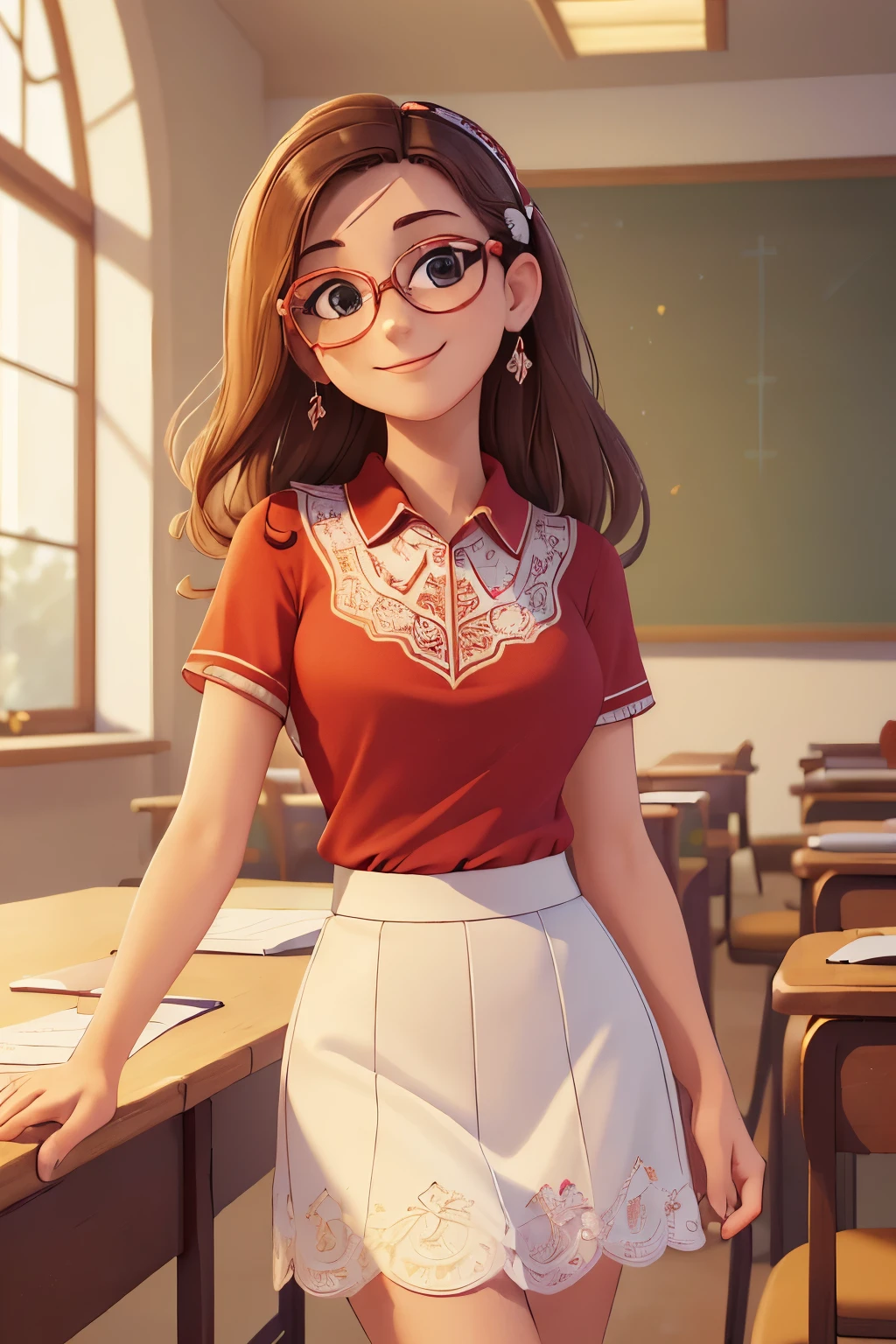 (A :1.3),(Masterpiece, Best quality:1.4), (Beautiful, Aesthetic, Perfect, Delicate, Intricate:1.2),((Best quality)), ((Masterpiece)), (Detailed),(A high resolution:1.2), Classroom, An adult female, Smiling Claudia Chever, Red shirt, White skirt, Glasses, Bend over, angle of view,