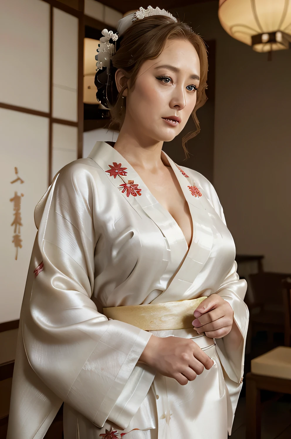 ((Jennifer Ehle)), dark blonde hair, large breasts, slim but curvy, (((wearing a white, Japanese silk kimono and geisha make up))), Japanese tea room, photo realistic, 8k, RAW