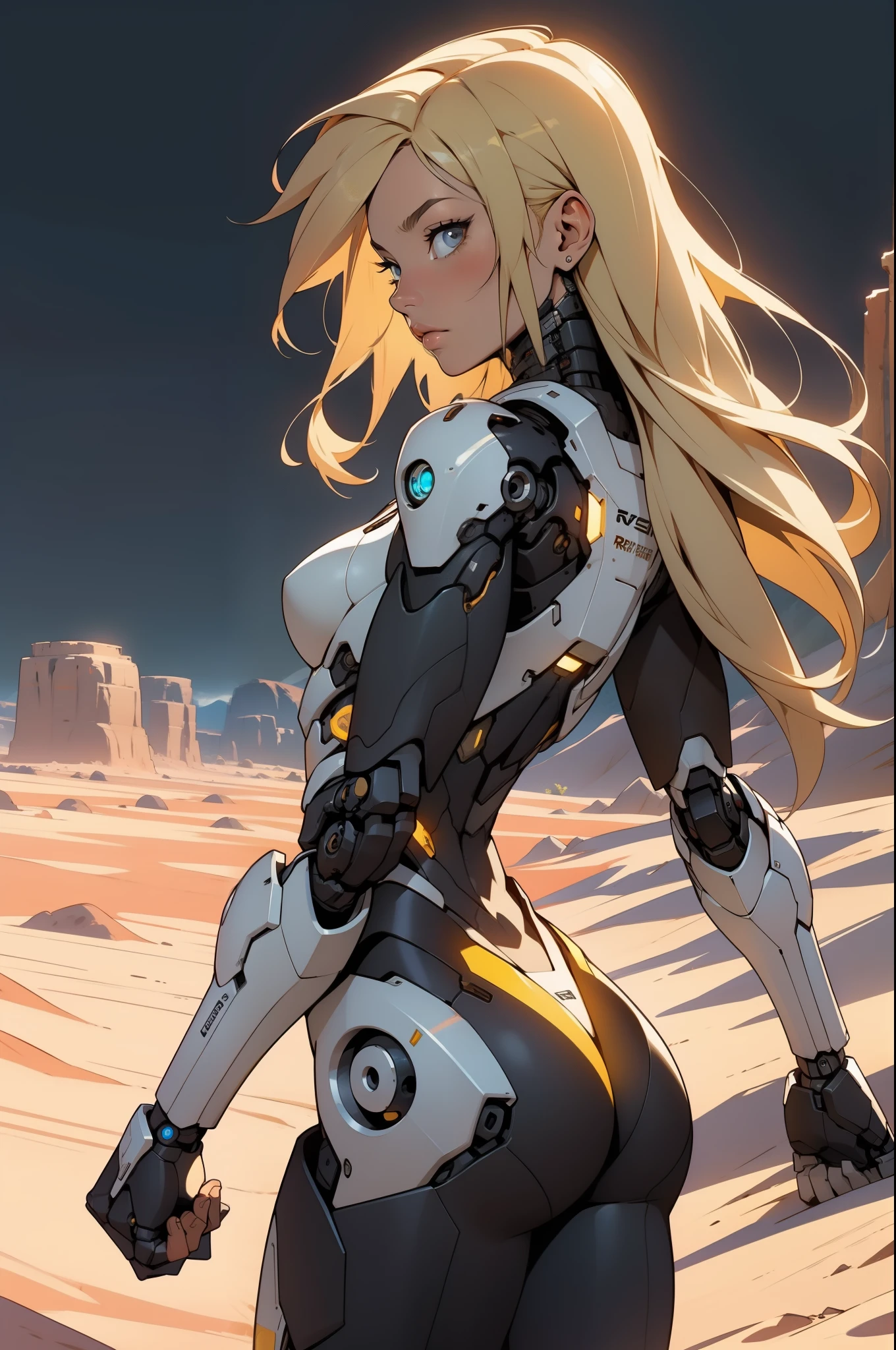 high quality, 4k, masterpiece, beautiful, cyborg girl, cowboy shot, dull eyes, back side, turning around to look at viewer, long blonde hair, girl, small breasts, fit thigh, robotic arms, robotic body, cyborg body, yellow accent, red accent, intricate detail, joint, detailed lines, robotic detail, holding fist up, holding hand up as fist, color robotic parts, robotic parts with color, perfect fingers, on a desert planet, sunny background, colorful desert, a river or a lake in the background