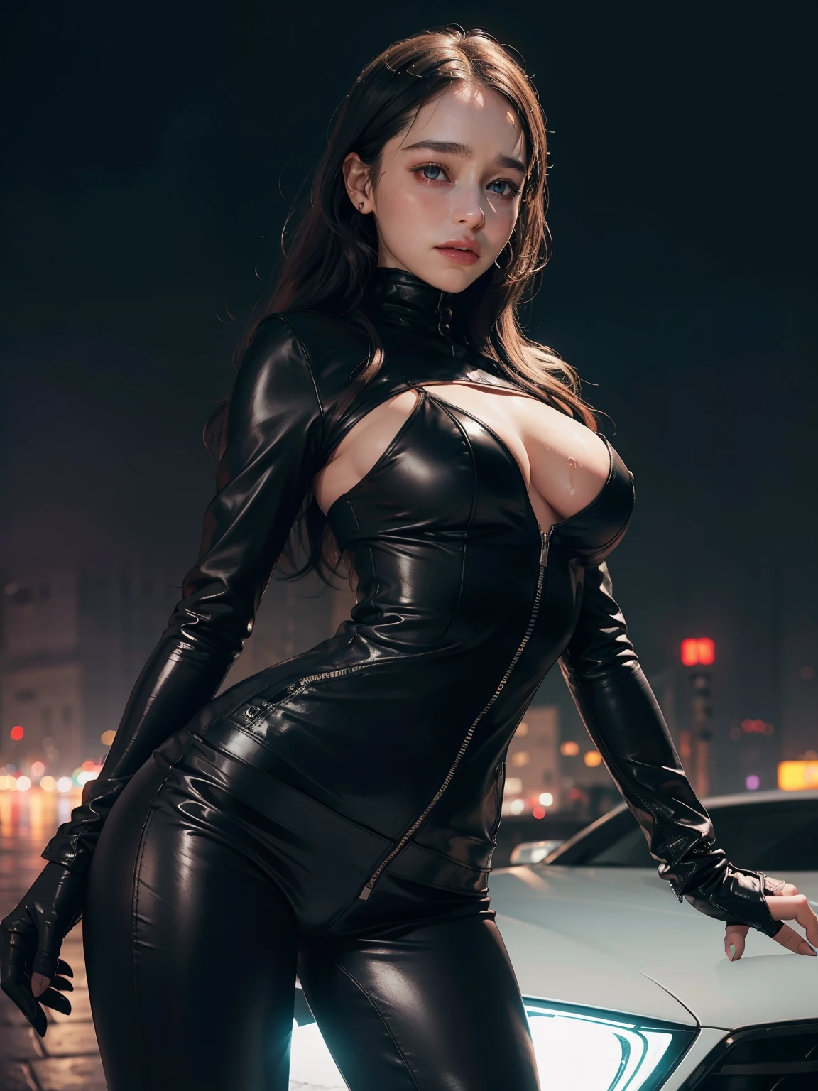 (1 lady), Emilia Clarke with cum on her face, ,bare tits and nipples. chest out, drool from mouth, fucked doggystyle, all wet. in mucus, big ass, Awesome Photo)),
, Beautiful face, Black hair , big ,ideal body shape, amazing eyes, warm smile, wearing latex black gloves, (Black bodycon dress +long black sleeves, black tight pants, black leather jacket ), (tights:0.9),pose models, Canon EOS R, Deep bokeh, 80mm lens, night city, The Great Wall of China in the background , neon lights, cinematic frame.