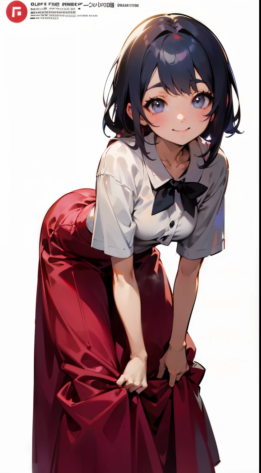 Anime girl in red long skirt and white shirt、smile、 smile. tall, Hanayamata, anime moe art style, official art, Ilya Kuvshinov、Put your right hand forward、a little bent over