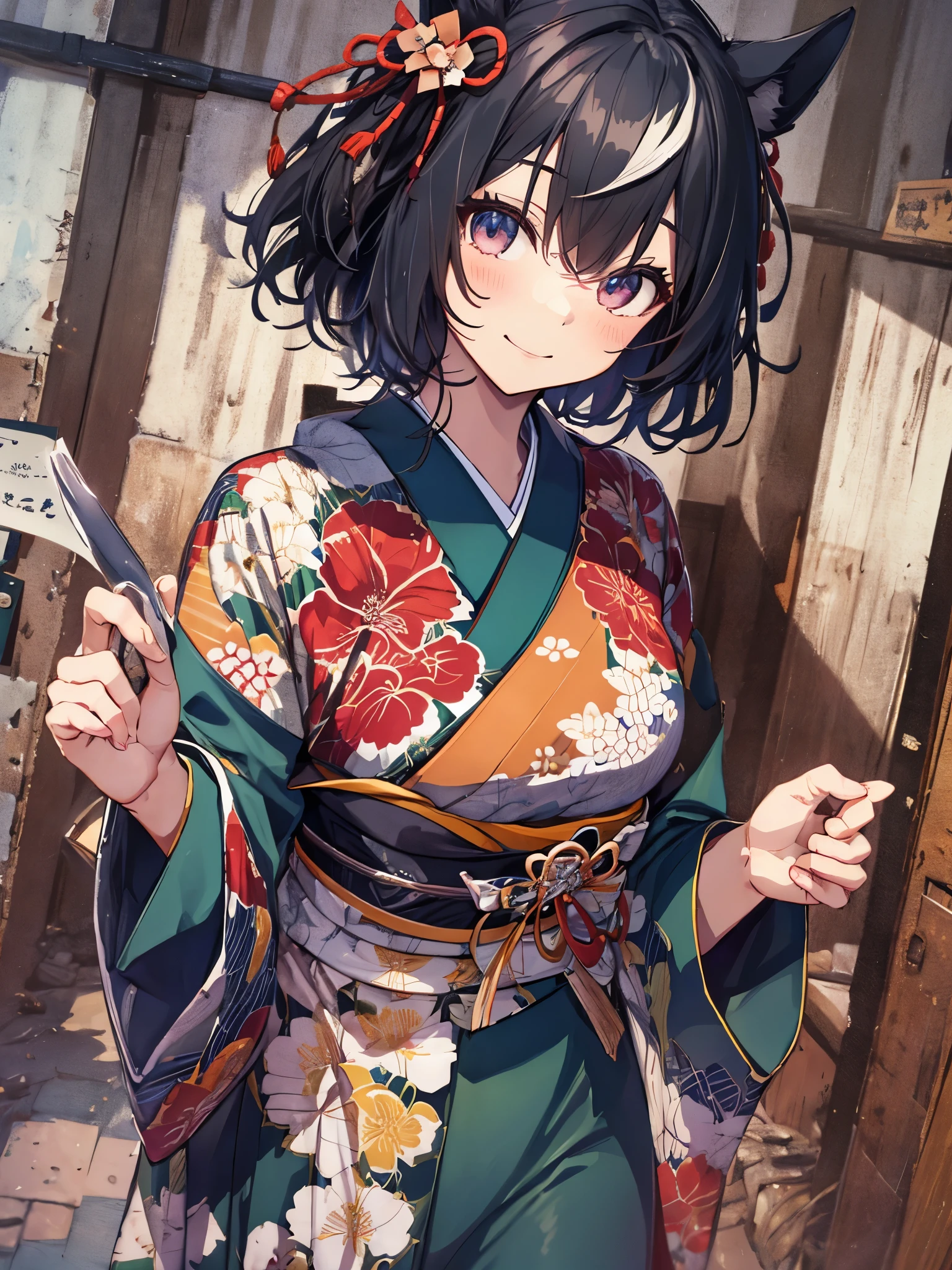 ((masterpiece,highest quality)), cinematic angle,game cg,dutch angle ,beautiful detailed eyes,five fingers, perfect hands,cowboy shot,disorganized, Kitasan_black_umamusume,   animal ears, short hair, striped hair, hair ornaments, medium breasts, horse tail,(Furisode:1.5),colorful,Gorgeous,(Long fake fur),Hairpin,  alone, smile, blush,standing,looking at the viewer,shrine,