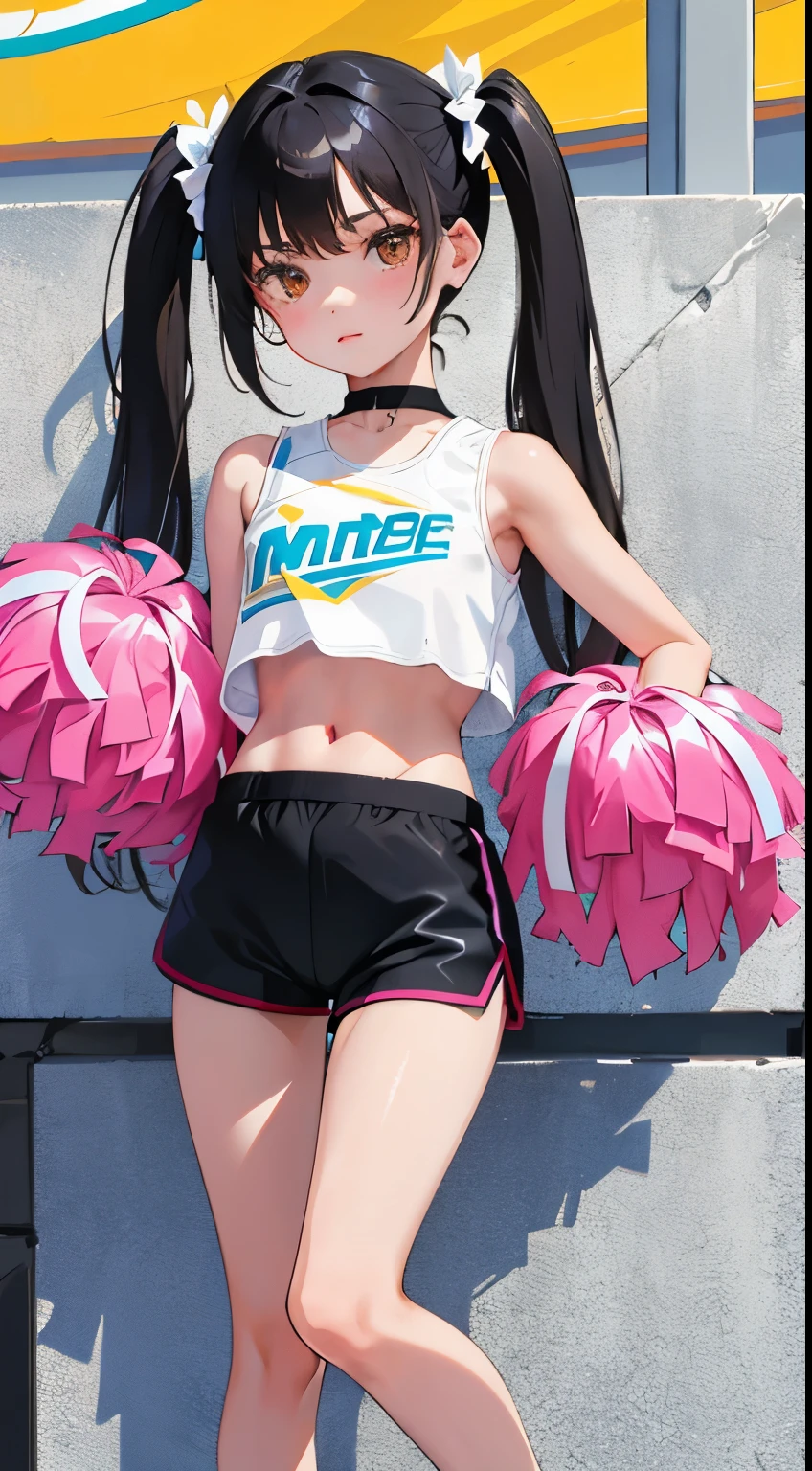 (short cute girl， young studeg delicate girl）,（masterpiece，Top quality)，Crop Top Look，cheerleader，shorts，long black hair twin tails