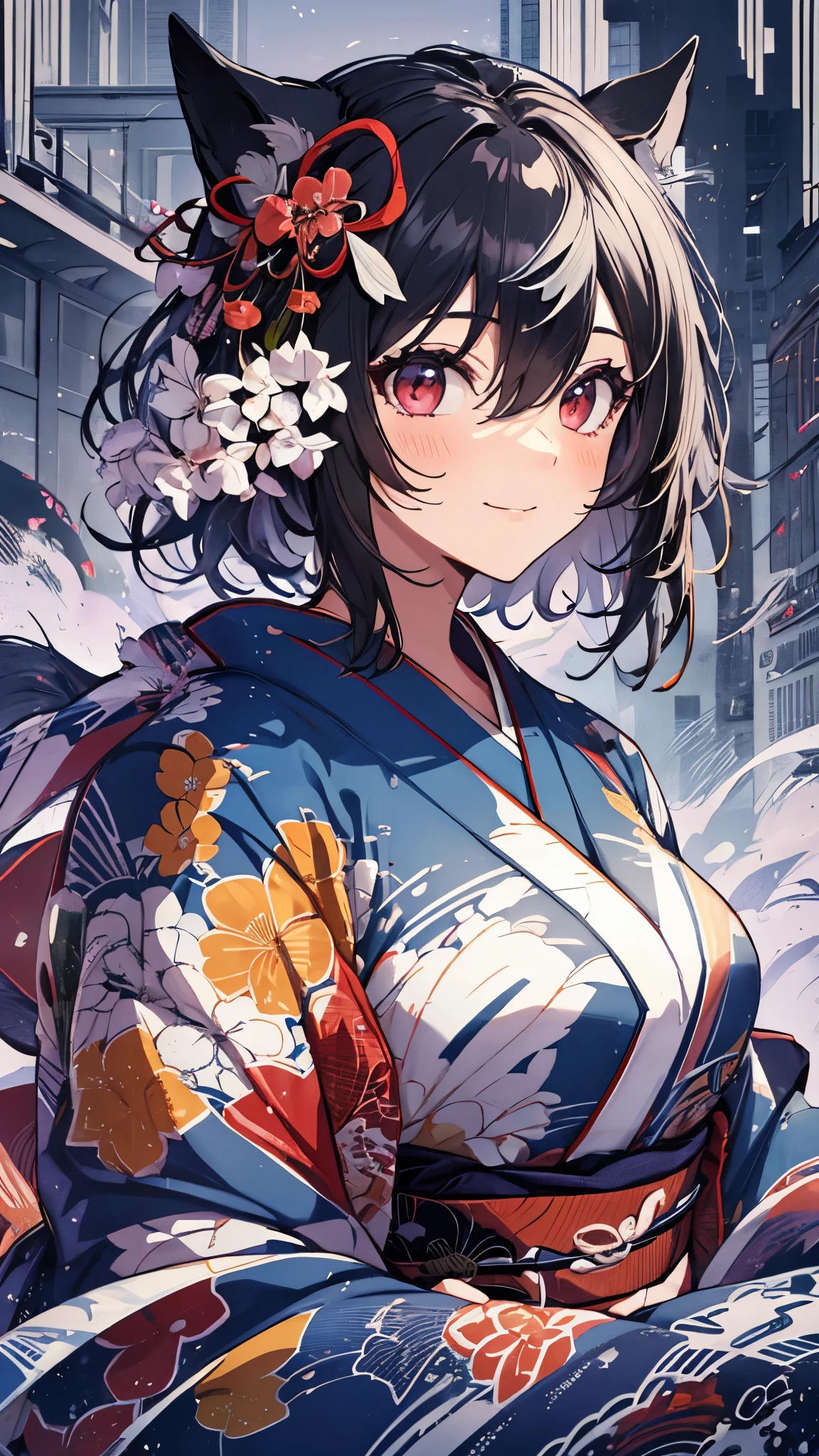 ((masterpiece,highest quality)), cinematic angle,dutch angle ,beautiful detailed eyes,five fingers, perfect hands,upper body,disorganized, Kitasan_black_umamusume,animal ears, short hair, red eyes,striped hair, hair ornaments, medium breasts, horse tail,(kimono:1.5),colorful,Gorgeous,(Long fake fur),Hairpin,  alone, smile, blush,standing,Model pose,looking at the viewer,have a bouquet