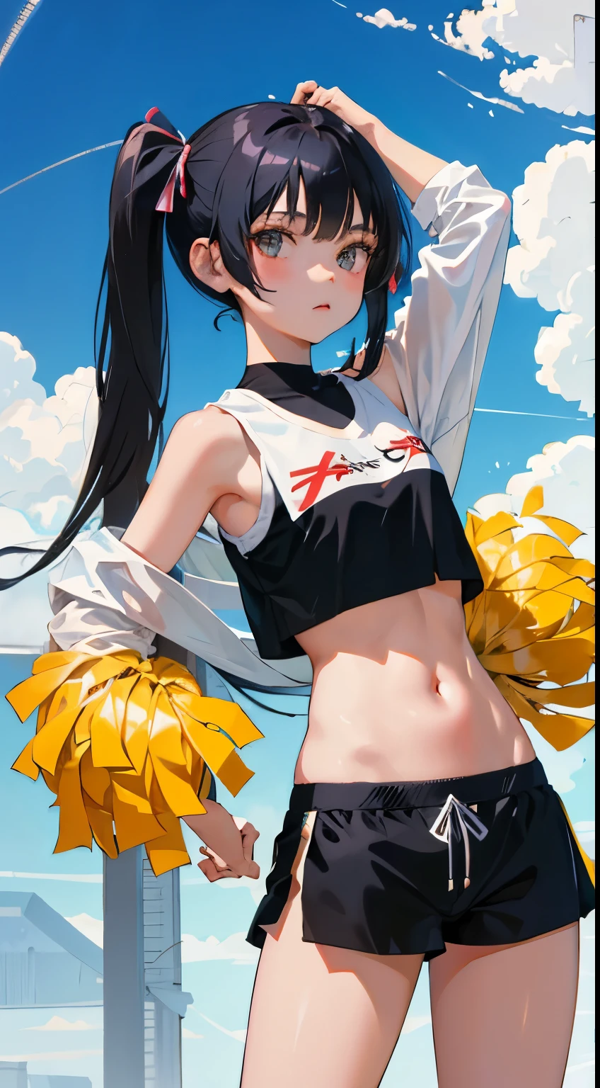 (short cute girl,small young student,young delicate girl),(masterpiece,Top quality),Crop Top Look,cheerleader,shorts,long black hair twin tails