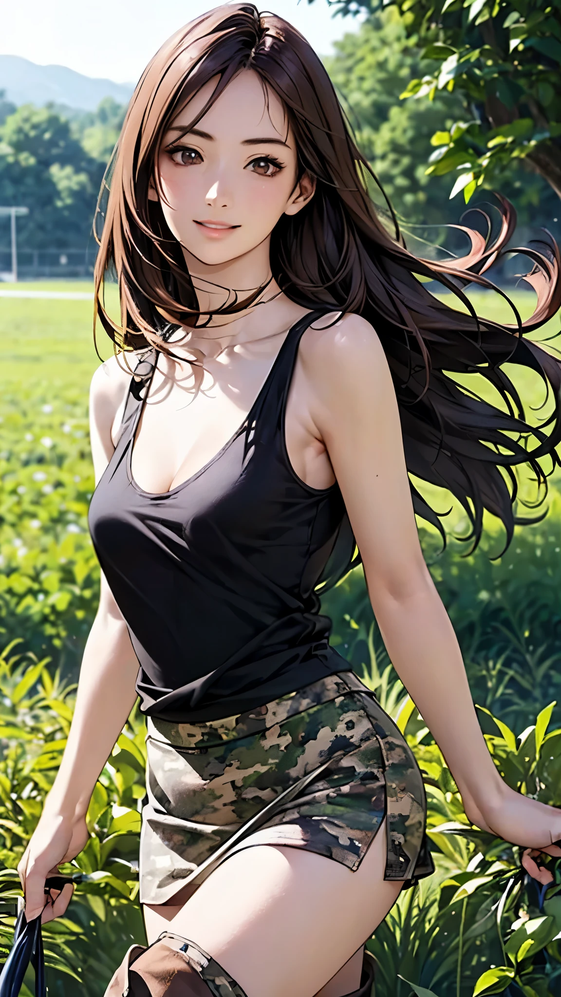 (masterpiece:1.2, top-quality), (realistic, photorealistic:1.4), beautiful illustration, (natural side lighting, movie lighting),
looking at viewer, cowboy shot, 1 girl, japanese, high school girl, , perfect face, cute and symmetrical face, shiny skin,
(long hair, straight hair, brown hair), hair between eyes, brown eyes, long eye lasher, (medium breasts),
beautiful hair, beautiful face, beautiful detailed eyes, beautiful clavicle, beautiful body, beautiful chest, beautiful thigh, beautiful legs, beautiful fingers,
((black tank top, camouflage mini skirt, brown middle boots)),
(beautiful scenery), evening, (outdoors), standing, hands on chest, (lovely smile, upper eyes),
