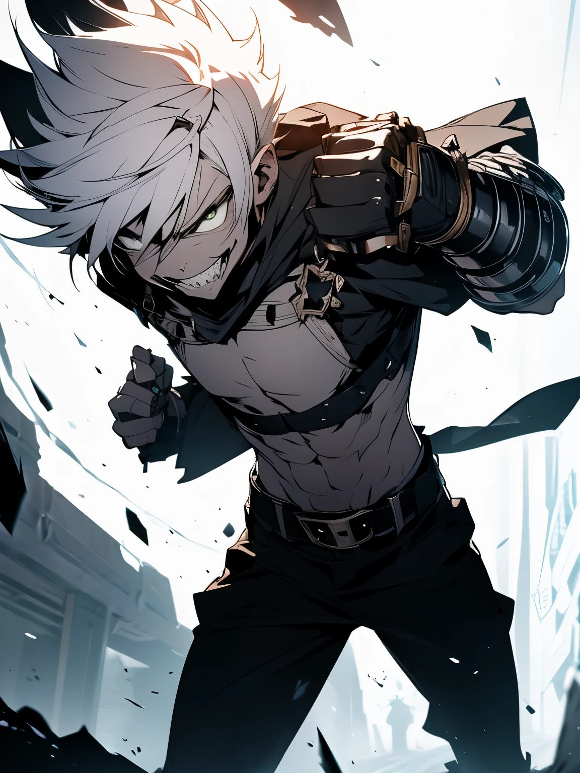 A badass male character with a scary smile and have white short hair using a fight gauntlet