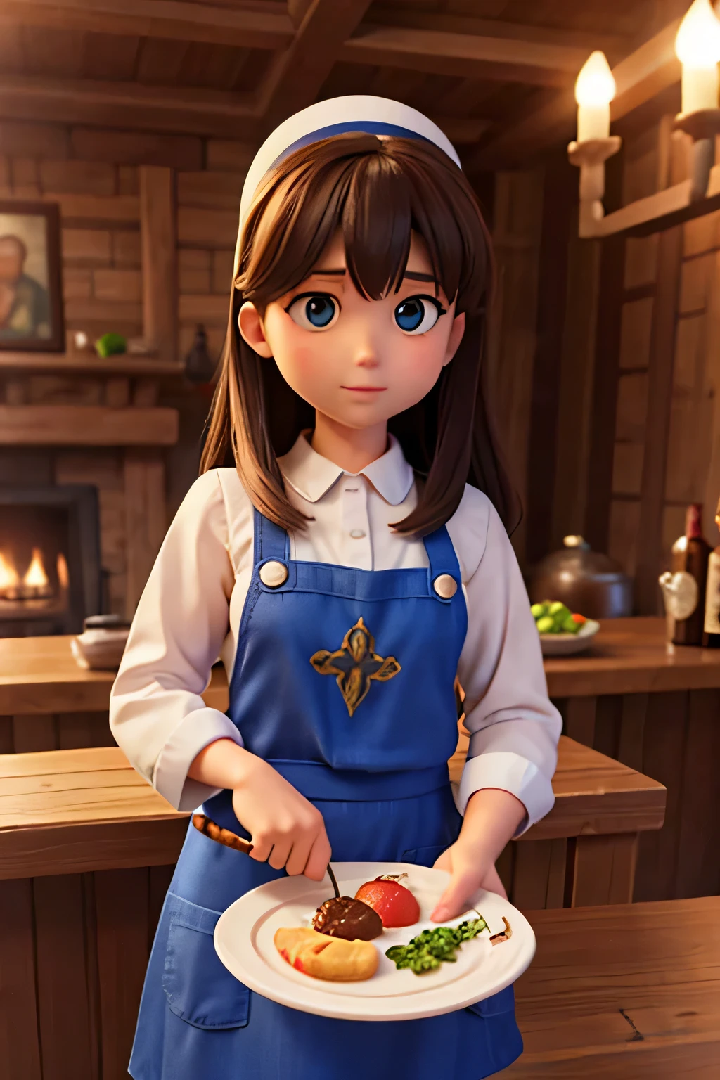 best quality, masterpiece, jp-j3c 1girl, portrait, solo, from front, front view, upper body, looking away, detailed background, detailed face, (grand decorative religious style, neo-byzantine theme:1.1) bartender, simple blue clothes, apron, cozy rustic inn interior in background, hearth, goblet, plates, low light, jovial fantasy atmosphere, 