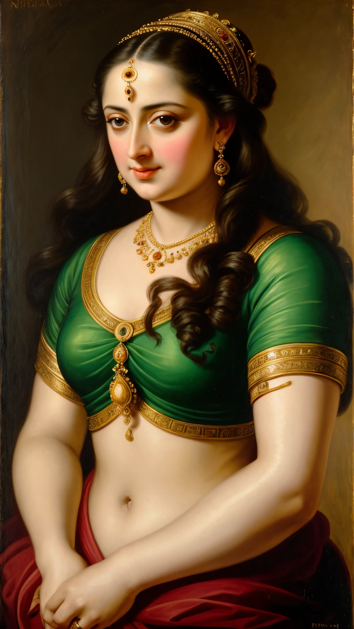 Looks like Anushka Shetty, Masterpiece, Best quality, high clarity eyes, beautifully styled hair, critically flawless,sharp picture, Full portrait, High pixels, perfect face, perfect eyes, beautiful face, perfect hands,perfect fingers, in Peter Paul Rubens style, by Peter Paul Rubens, baroque style, acrylic on canvas, highly detailed, description: "Create a nymph inspired by the tales of Greek or Roman mythology, embodying the essence of a natural element or location, and possessing a unique ability or trait that sets her apart."