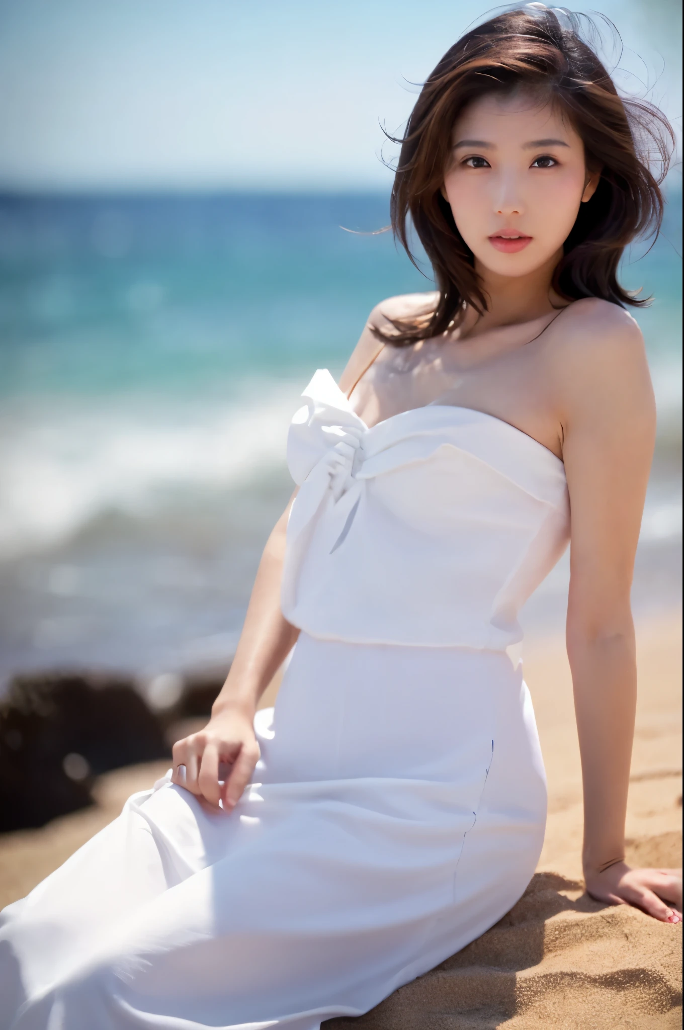 Top quality, realistic, perfect human body structure, very detailed, very delicate and beautiful, RAW photography, beach, professional lighting, luminescence, depth of field, single focal, full body, Skinny Japanese lady, 30 year old lady, brown hair, small head, beautiful eyes, real face, realistic skin, detailed eyes, (fashionable hairstyle: 1.3), sexy pose, absurderes, Incredibly Ridiculous res, Extremely fine, Blouse