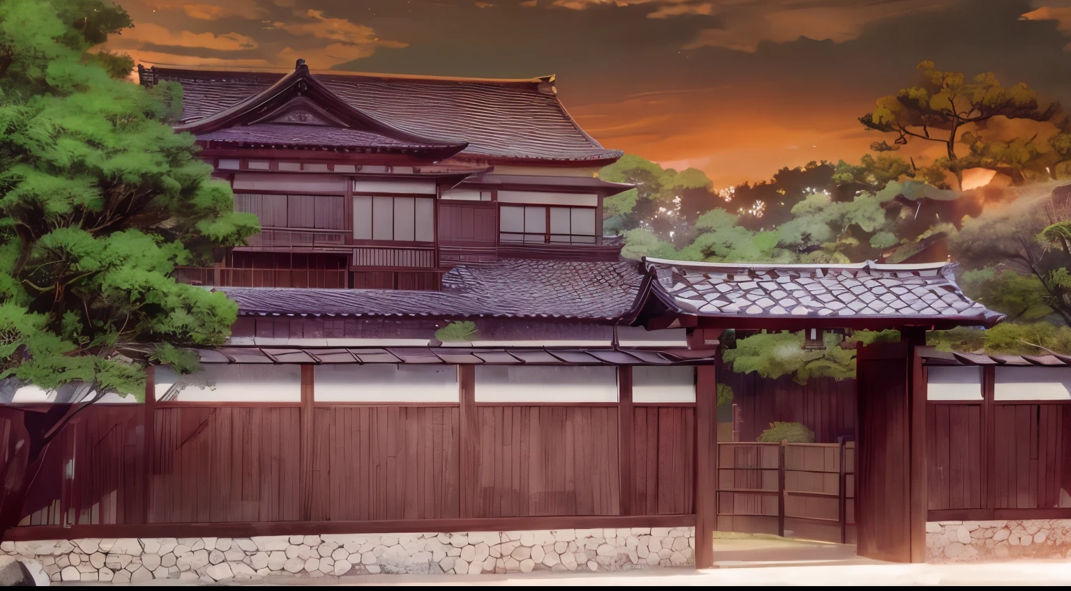 tradicional japan house, orange sky, sunset