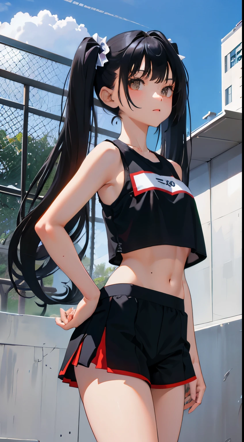 Anime Art、Full body portrait、Fighter、A tall woman, about 175cm tall, around 28 years old, wearing a white sports bra and shorts, holding her hair up with her hands、Staring with mouth closed、Medium length hair that reaches the shoulders、Black Hair、Dark Eyes、sports boots、Flat chest