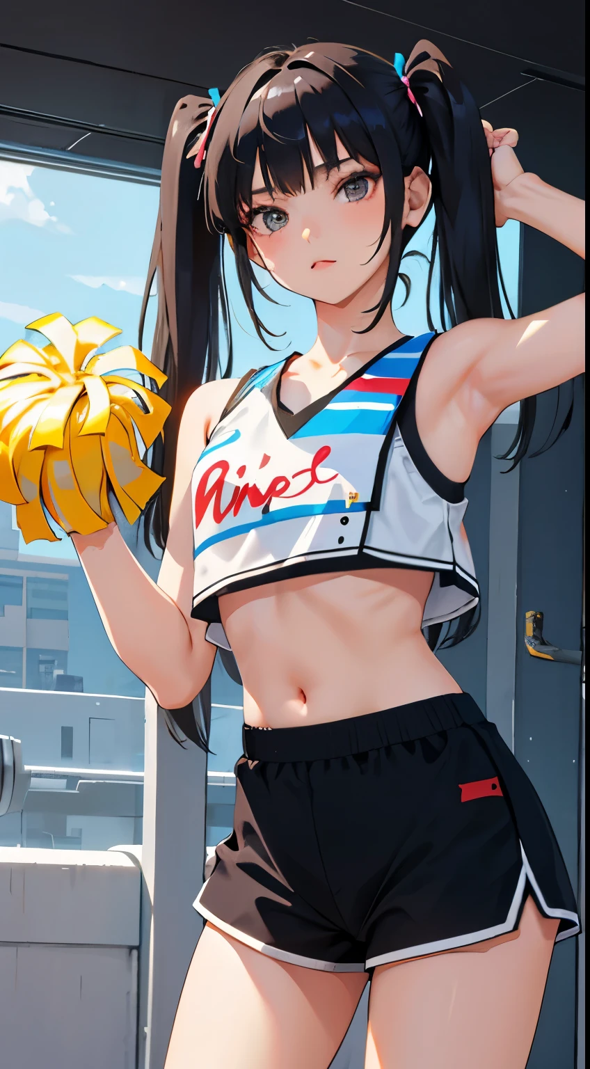 masterpiece, best quality,anime style, 1 girl,(((slender body))), (((small eyes,small breast))),(((cheerleader uniform))),(cum), (beautiful face), (((short twintail))), (((straight hair))), ((((black hair)))),detailed beautiful skin, (perfect hands, perfect ???????),scream