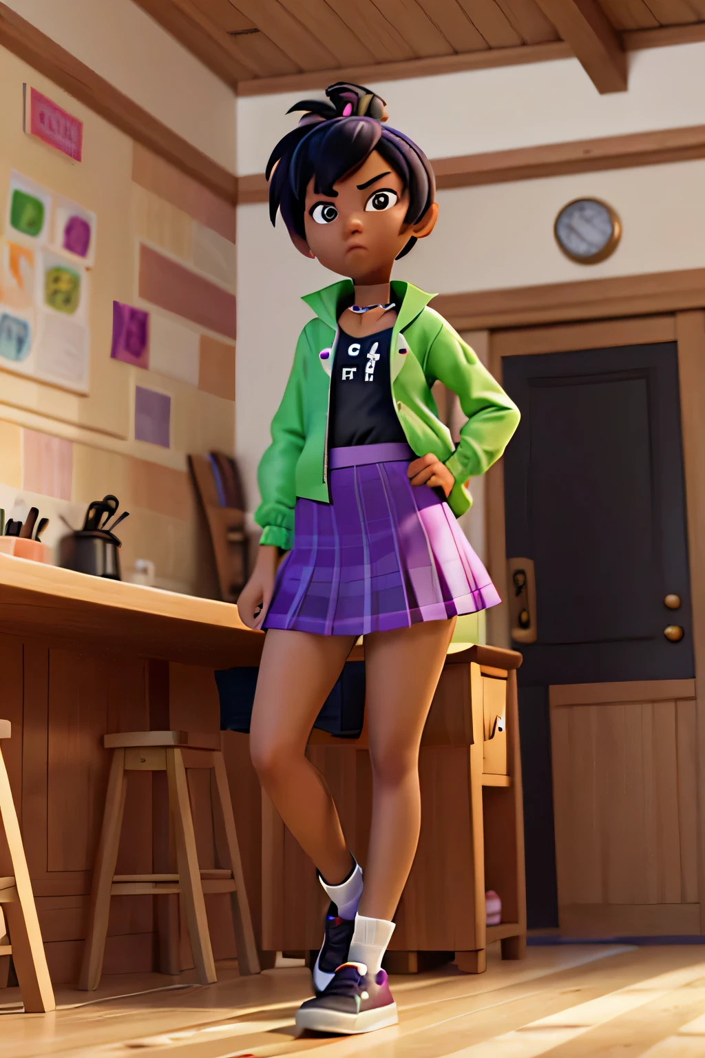 frankie foster, (FosterStyle), (((black pupil))), excellent line work, green jacket, masterpiece, high quality, kitchen background, purple skirt, very tired, messy hair, tank top, pony tail, grumpy, morning,
