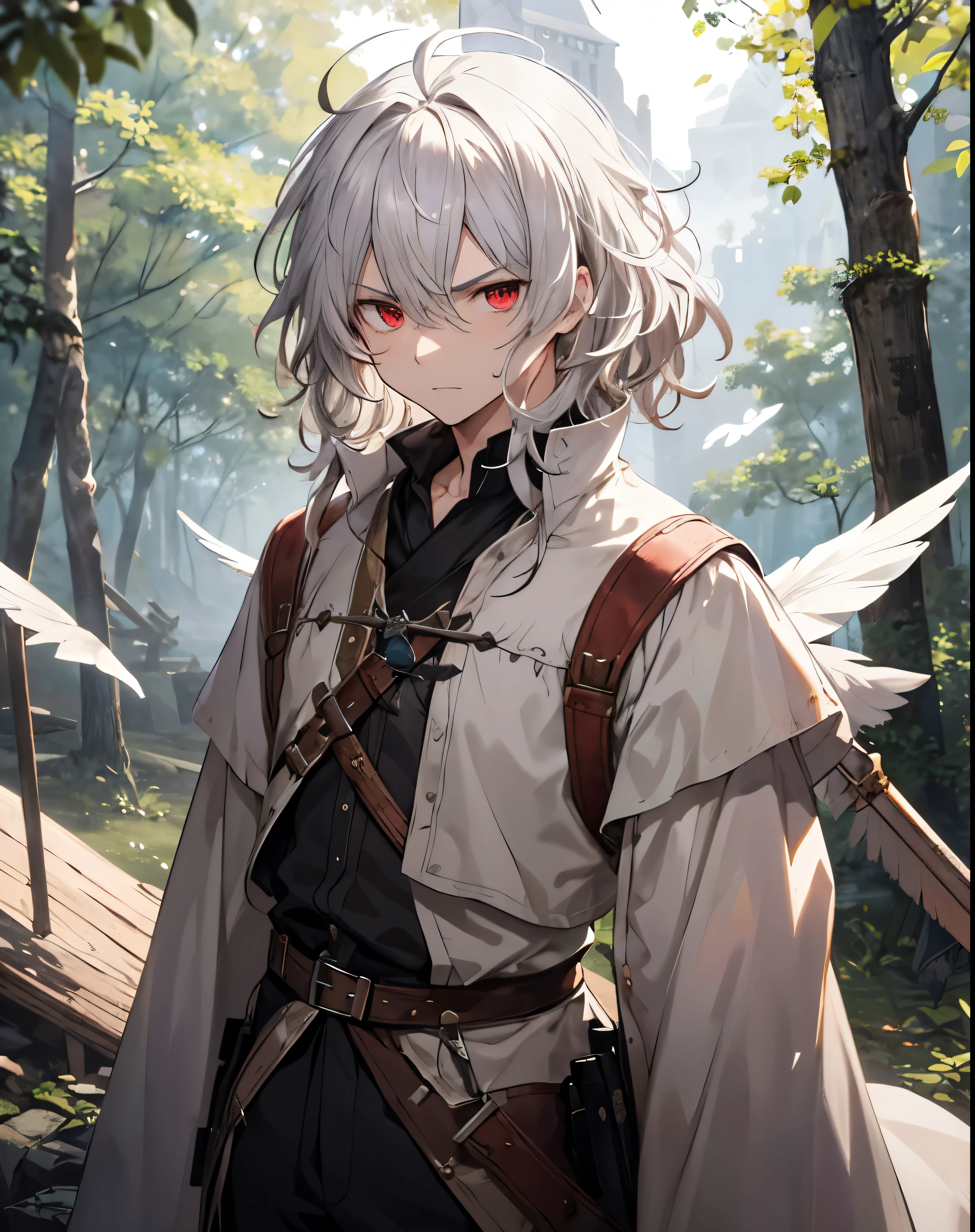 masterpiece, 1men, sparrow, a silver  haired men, wearing a medieval villager clothes, curly medium hair, messy hair, slim body, wearing adventurer clothes, he close her left eye, shirt ornament, angry expression, red eyes, stand at forest, ahoge, 