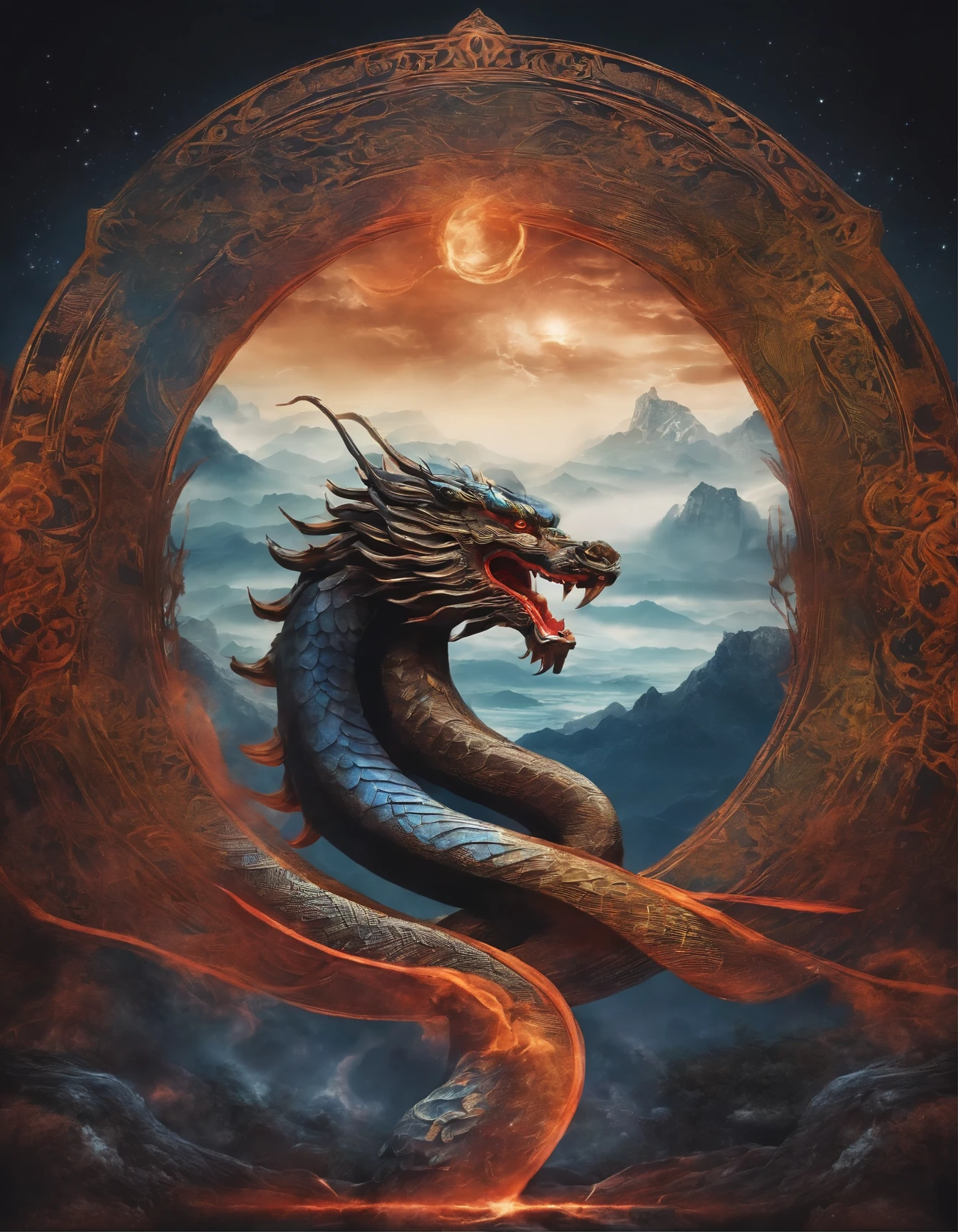 Vast landscape photos, (looking at the sky and the wilderness below), "A rabbit, magical, anthropomorphic, girl, angry expression, glowing eyes, Wanruo mask, Hanfu, background of ancient Chinese streets, night." Genshin Impact Impact, Best Quality, High Detail, High Quality, Ultra High Resolution, OC Rendering, 8K" Standing in a Flower Field and Looking Up, (Full Moon: 1.2), (Meteor: 0.9), (Nebula: 1.3), Far Away Mountains, Tree Breaking Making Art, (Warm Source: 1.2), (Firefly: 1.2), Lights, Purple and Orange, Intricate Details, Volumetric Lighting BREAK (Masterpiece: 1.2), (Highest Quality), 4K, Ultra Detailed, (Dynamic configuration: 1.4), Highly detailed and colorful details (rainbow color: 1.2), (Sparkling lighting, atmospheric lighting), Dreamy, magical, (Solo: 1.2), (Ying Dragon God), (Through the clouds), (Top of the mountains), (Complex), (Super Detail), (Starry Sky Background), (Stout Limbs), (Moon Night), (Ultra Clear), (Best Quality),