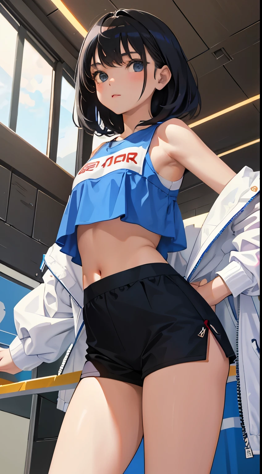 (short cute girl， young studeg delicate girl）,（masterpiece，Top quality)，Crop Top Look，cheerleader，shorts，long black hair