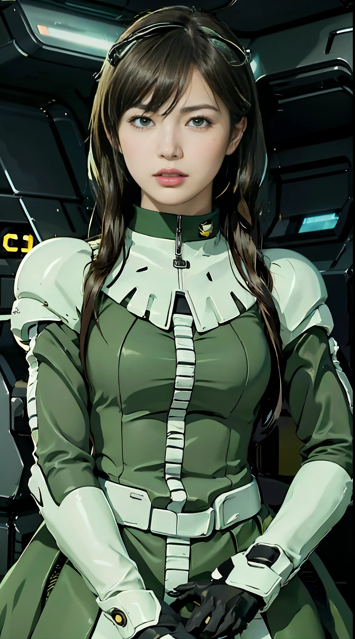 Highest image quality, outstanding details, ultra-high resolution, (realism: 1.4), the best illustration, favor details, highly condensed 1girl, with a delicate and beautiful face, dressed in a black and green mecha, wearing a mecha helmet, holding a directional controller, riding on a motorcycle, the background is a high-tech lighting scene of the future city.