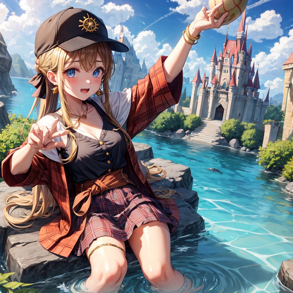 reddish-brown blonde、blue eyes、Braid、ponytail、one good looking girl、solo、anime、Plaid miniskirt、the skirt has buttons、camisole、black t-shirt、dress、Doing the ribbon、Ribbon at waist、cloak、Crystal Grotto、hood、desert、clouds are swirling、stone slabs are piled up、One hand is raised、Wearing a baseball cap 、crystal earrings、sun、sitting、gold coins are falling、teeth are visible、splash of water、monster castle
