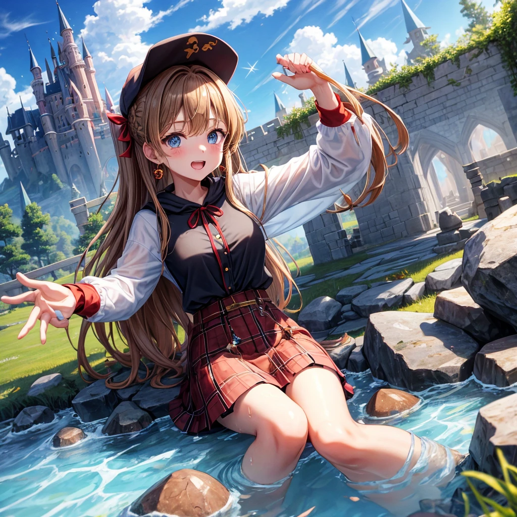 reddish-brown blonde、blue eyes、Braid、ponytail、one good looking girl、solo、anime、Plaid miniskirt、the skirt has buttons、camisole、black t-shirt、dress、Doing the ribbon、Ribbon at waist、cloak、Crystal Grotto、hood、desert、clouds are swirling、stone slabs are piled up、One hand is raised、Wearing a baseball cap 、crystal earrings、sun、sitting、gold coins are falling、teeth are visible、splash of water、monster castle