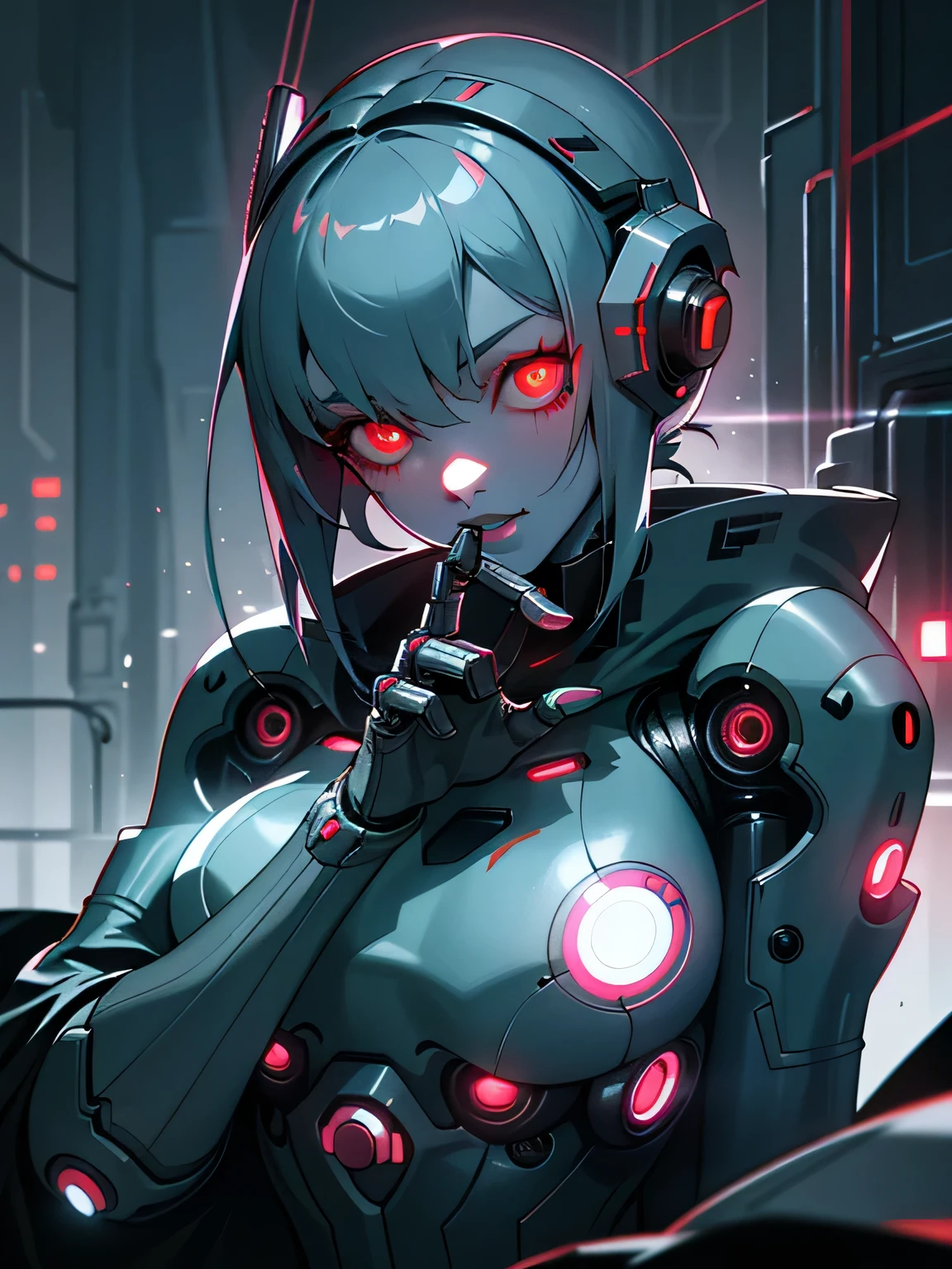 ((dark cyberpunk art)), (dull city atmosphere), Mechanized robot girl, Red eyes, Blue Heart Shaped Lips, (white magnetic suit), robot hand with three fingers, clothing with smooth details and rounded edges, cold light, Dark gray color palette, actively collapsing bunker, Electric sparks, Flashing light, very detailed, very detailed background