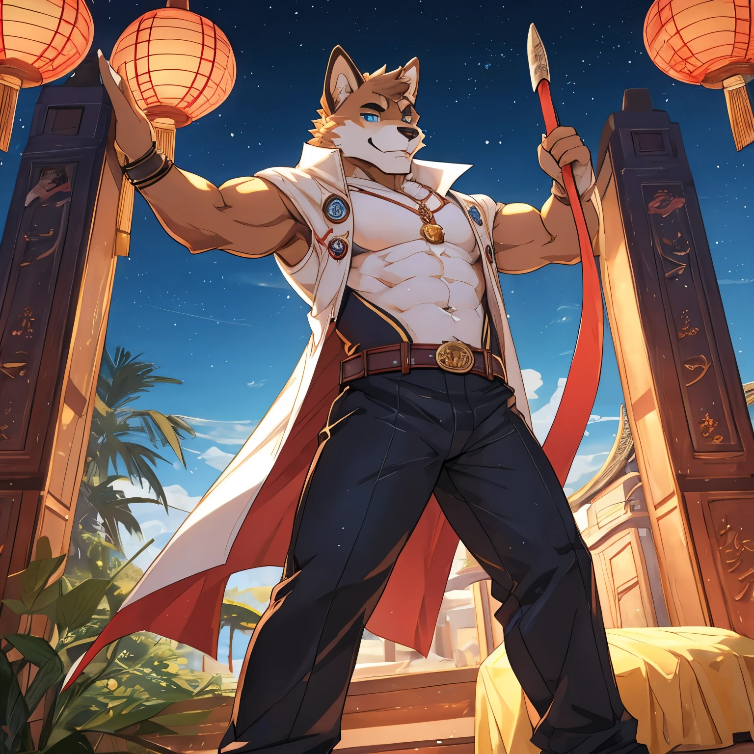 Publaz,Fluffy Chinese Pastoral Dog ,brown fur,two tone,blue eyes,muscular body,perfect eyes,Handsome,nice,Leisure set,long trousers,giggle,cool-pose,Express,bedroom background