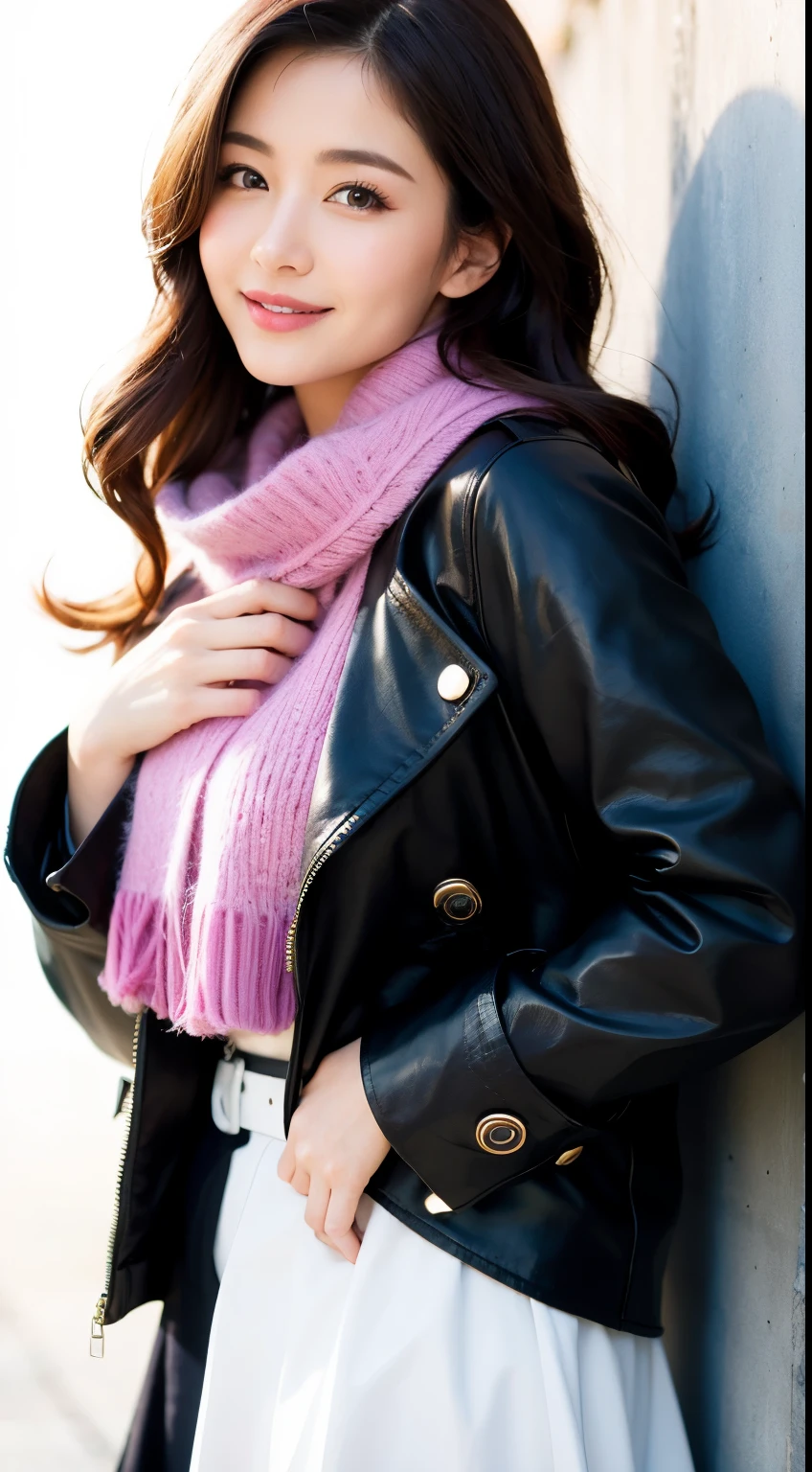 Top quality, one beautiful woman, winter coat with scarf, skirt, 35mm lens, f/1, cowboy shot, (white background: 1.3), Pretty Medium breast, park, sunny day