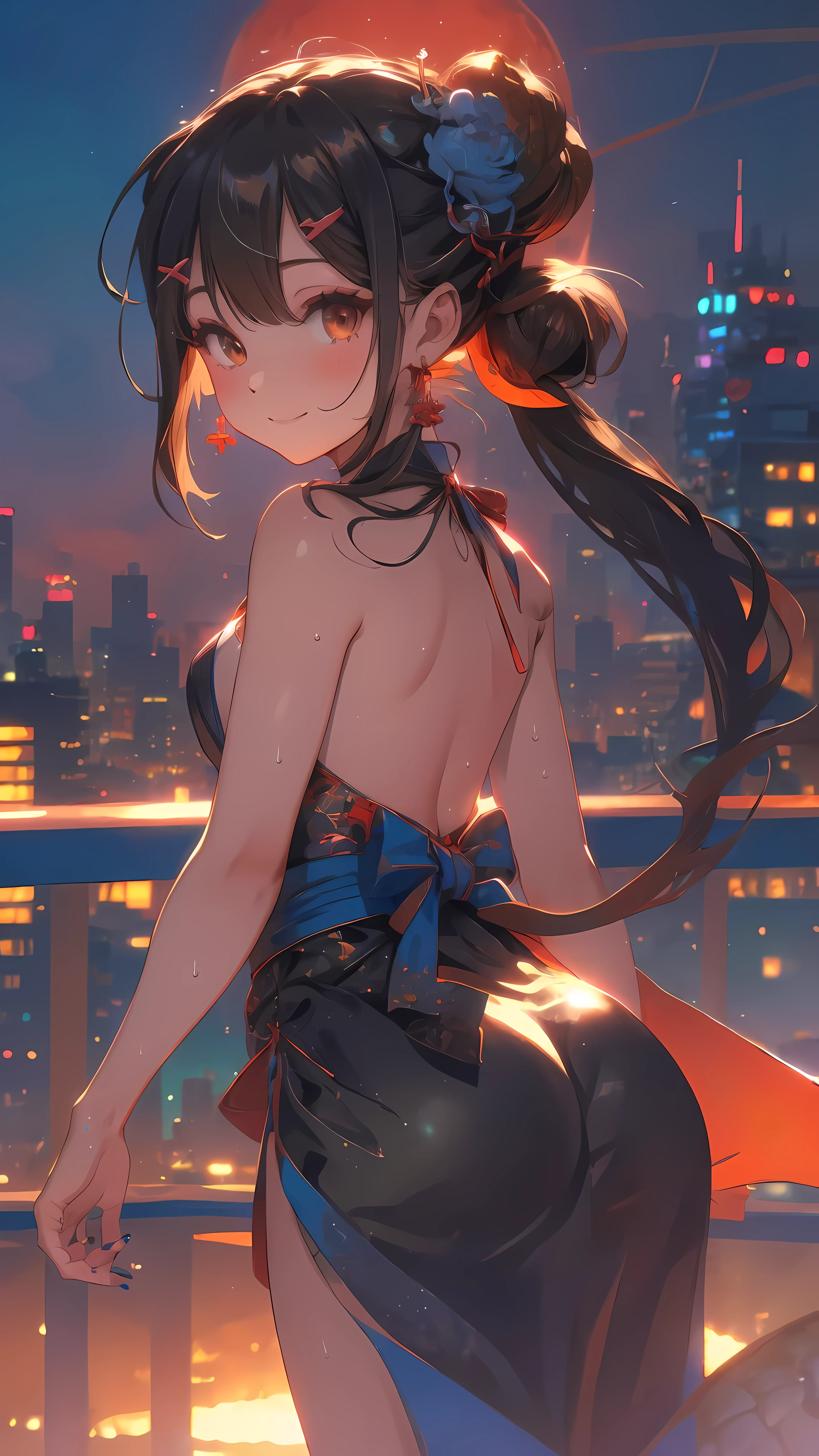 (from behind,back focus:1.4),Dragons and Girls,1 girl,(Meiyu Edelfeldt),Change,camel toe,black hair,brown eyes,seduct smile,alone,big ass,Tail,colored skin, jewelry, skirt,裸露thigh,necklace, Bangs, hair accessories, bare shoulders, side ponyTail, halter neck, Deep V neckline, side lock, halter skirt, backlessoutfit, silver skirt, nail polish, backless skirt, alone, Keep your mouth shut, blush, Bag, revealing clothes, earrings, hairpin, handBag, Sweat, looking at the audience, evening dress, lean forward, thigh, blue nails, flat_boobgasm, official alternate costume, cover nipples, hair between eyes,, best quality, amazing quality, very aesthetic, ridiculous,