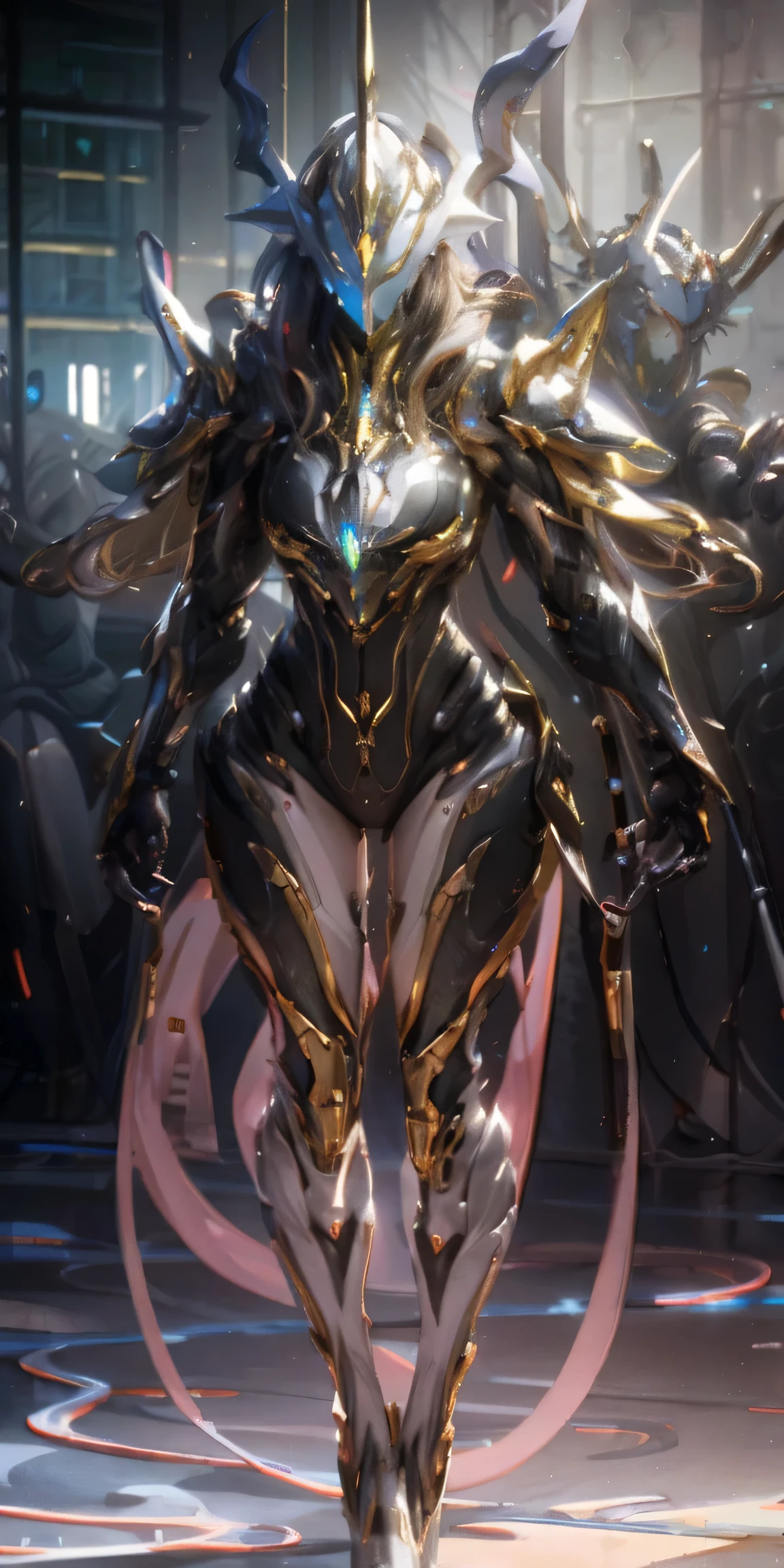 1 girl, no face, Mysterious, Helmet, Unicorn Horn, shining eyes,  extreme detail, shiny metal, dynamic angle, detailed light, dramatic_Shadow, ray_Tracks, reflection,to be born, cinematic shots, (sharp focus:1.5), (realistic:1.2), Twilight Lighting, volume lighting, ultra high resolution, 16k,dramatic lighting,full body portrait、long legs、insect-like face