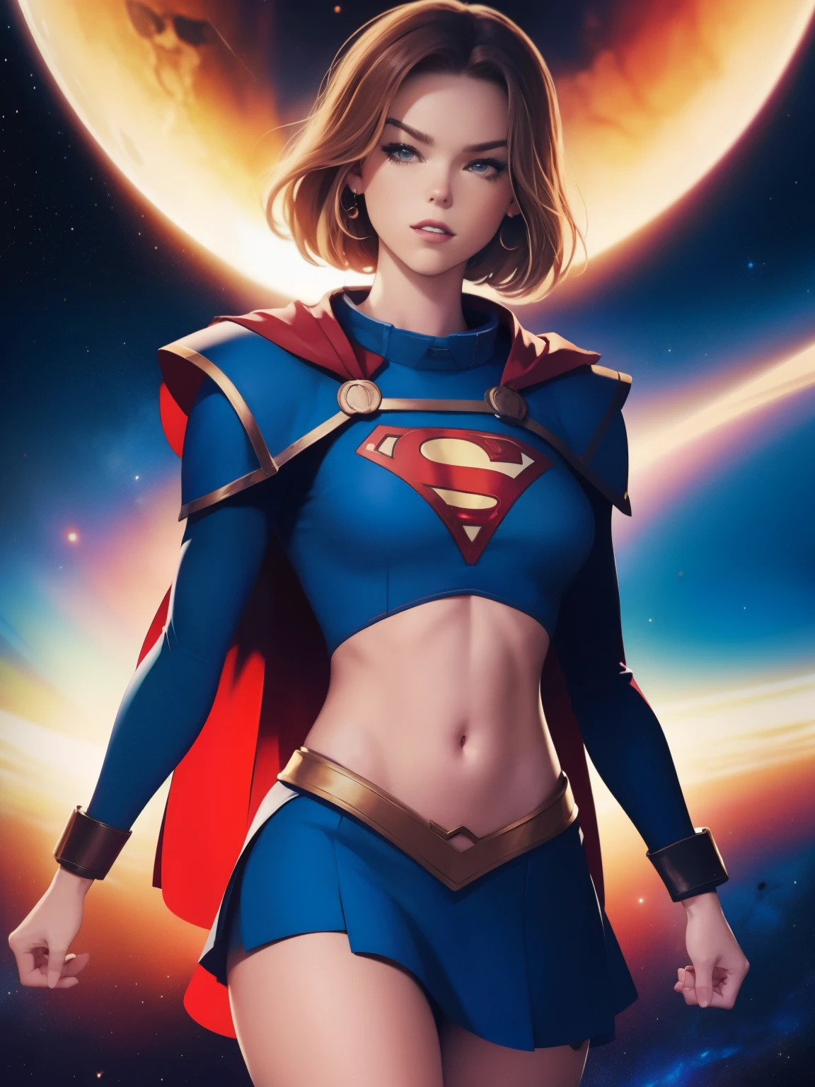 (((COMIC STYLE, CARTOON ART))). ((1 girl)), lonly, solo, A comic-style image of Supergirl a Hot hero Girl, with her as the central figure. She wears a traditional Supergirl blue and red outfit, red little skirt, (((Milly Alcock face))) . ((Hot slim body). (((Cinematic cosmic space background))) . She has a strong and courageous expression, as if she is ready to fight evil.