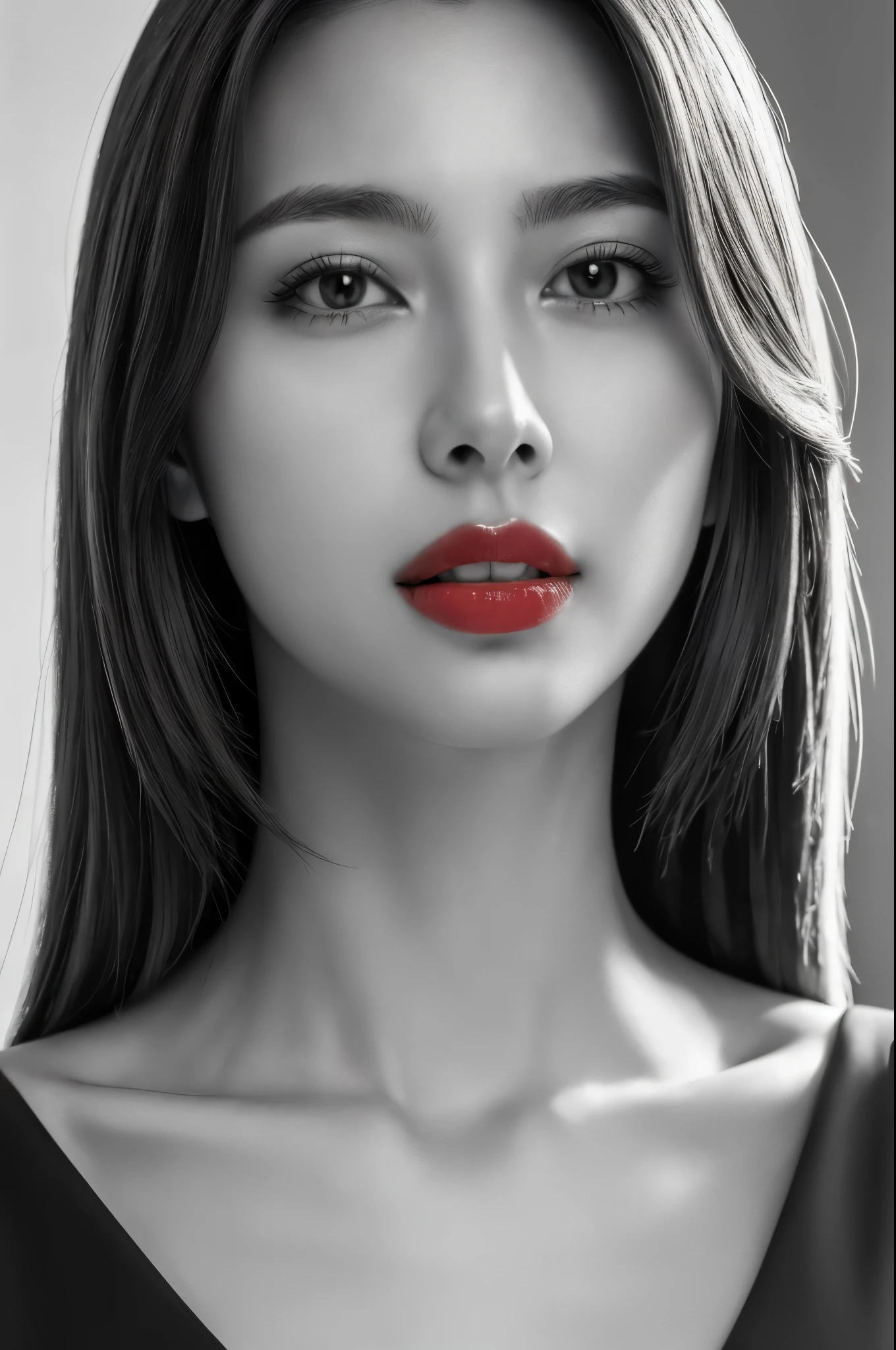 Masterpiece, Best Quality, Photorealsitic, Ultra-detailed, finely detail, high resolution, 8k wallpaper, Professional, high level of detail, ((monochrome photo)), 1girl in, ((Facing the front)), ((Only lips are in Red)), Detailed clavicle, face perfect, straight haired, (look straight at a camera)