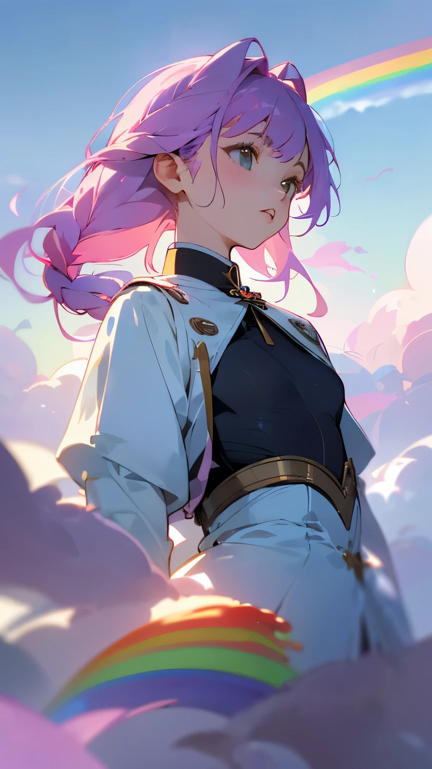 one girl、１６talent、perfect anatomy、small face、small nose、plump lips、french braid、rainbow colored hair、small breasts、combat uniform、Messy clothes、unreasonable、(((The background is pastel colored clouds:1.5、rainbow、blurred background)))、highest quality、High resolution、High resolution、cinematic lighting、professional photographer