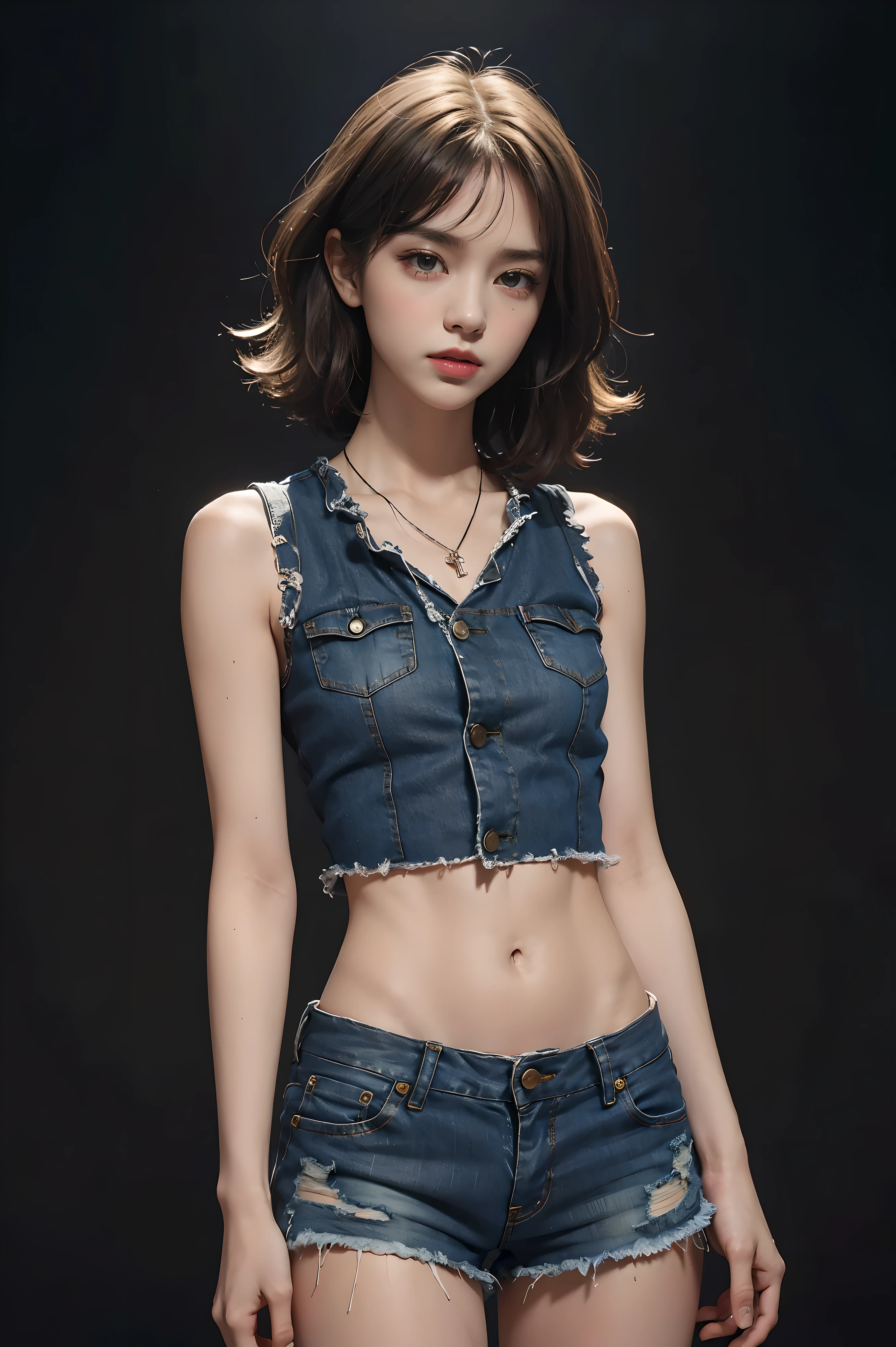 ((medium chest, tomboy, small head)), (well-defined abs: 1.1), (perfect body: 1.1), (short wavy hair: 1.2), russet hair, collar, chain, full body photo, crowded streets, wearing black vest, denim jacket, ((shorts)), (extremely detailed CG 8k wallpaper), (extremely delicate and beautiful), (masterpiece), (best quality: 1.0), (super high resolution: 1.0), beautiful lighting, perfect lightning, realistic shadows, [high resolution ], delicate skin, ultra-detailed ((colorful)))